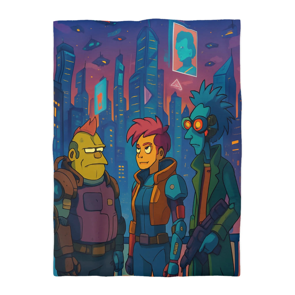 Housse de couette futuriste néon, personnages de science-fiction devant une ville cyberpunk