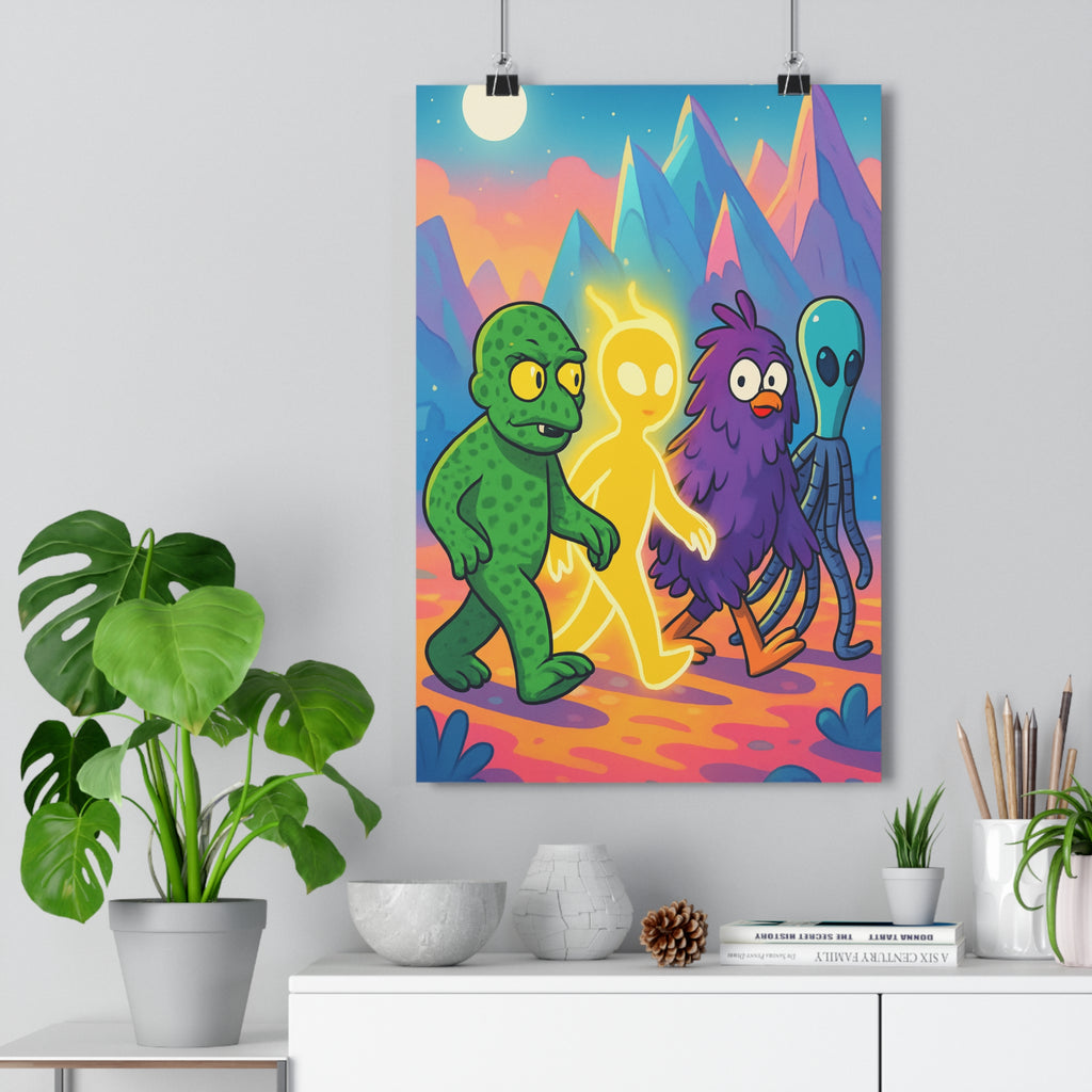 Poster décoratif coloré créatures extraterrestres paysage animé moderne chambre enfant vibrant fantastique joyeux unique