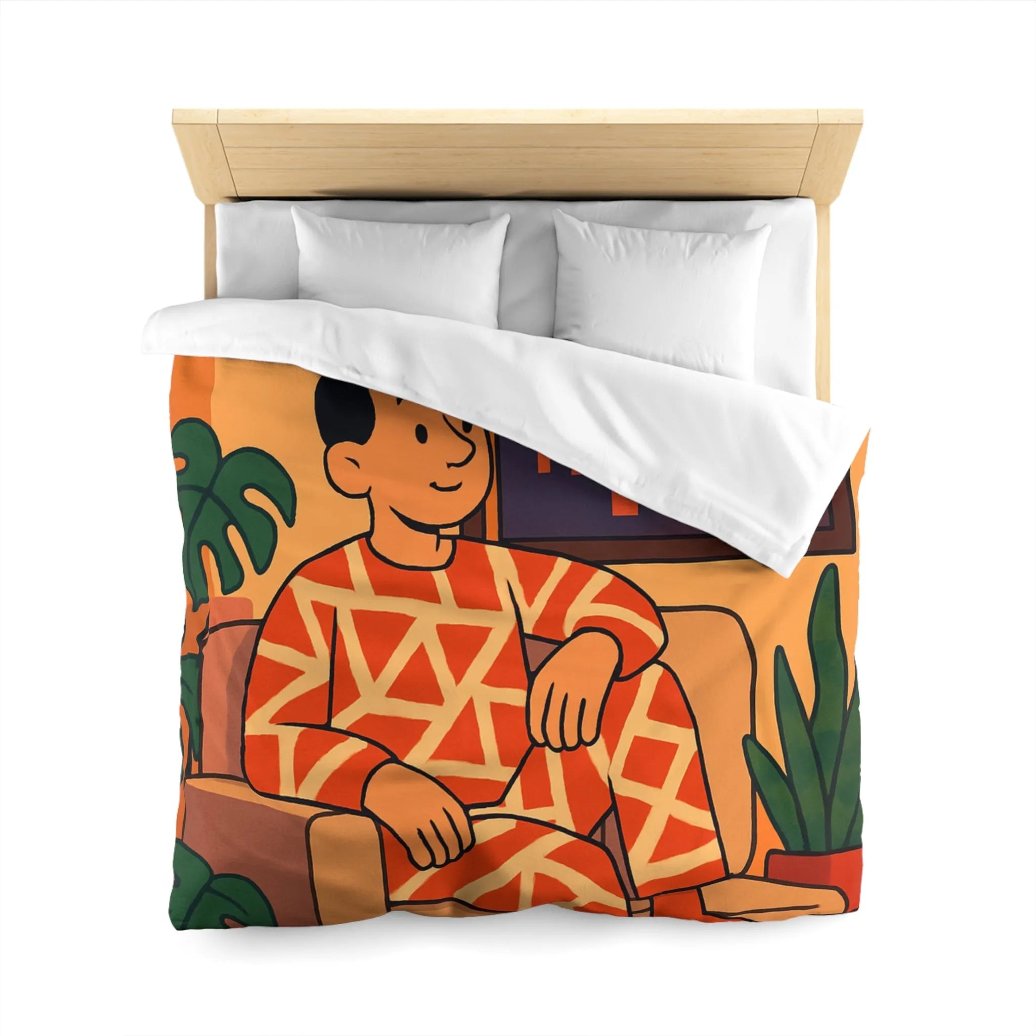 Housse de couette aux motifs géométriques avec scène de coucher de soleil en ville