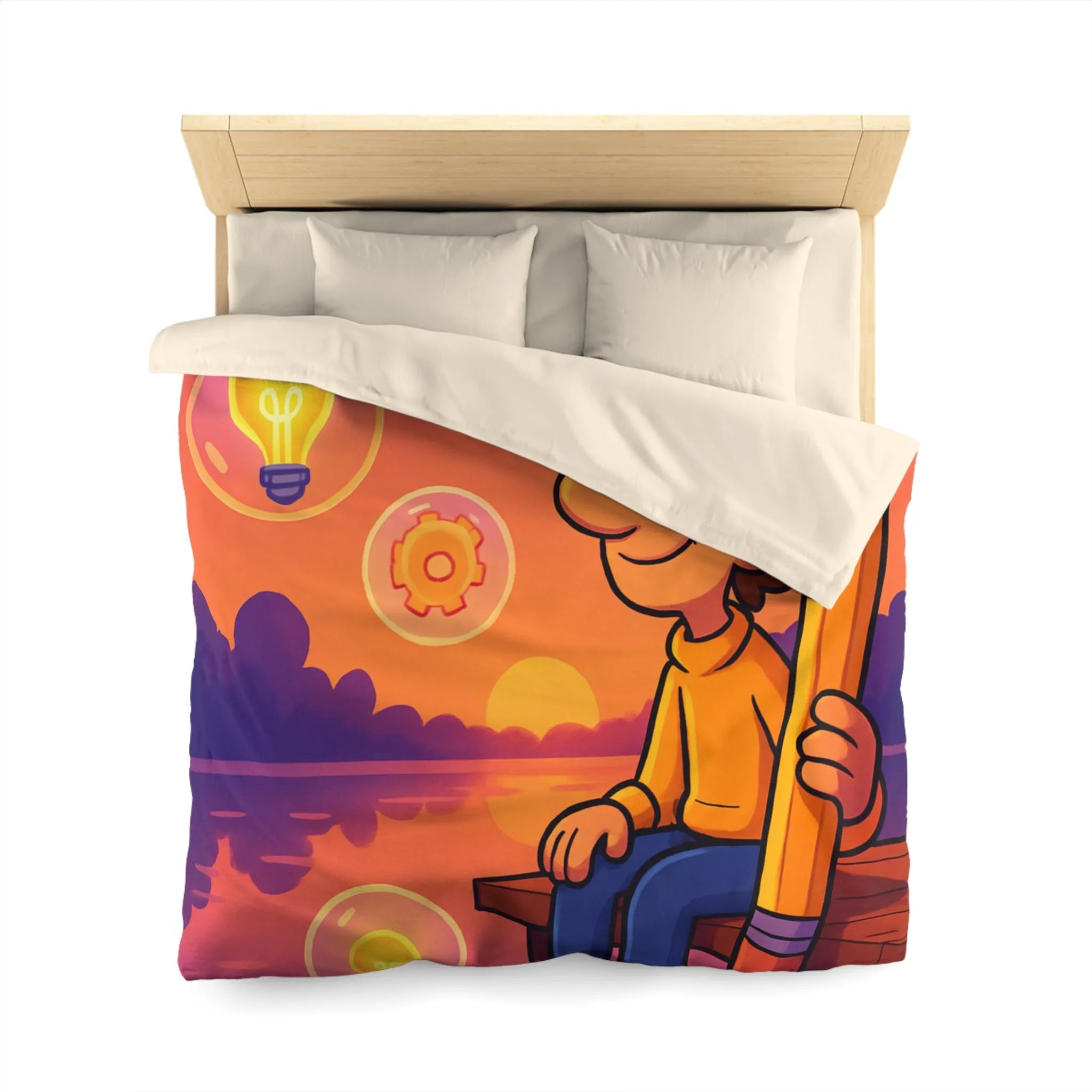 Housse de Couette Créative Avec Personnage Dessinant au Couchant et Ampoules Inspirantes