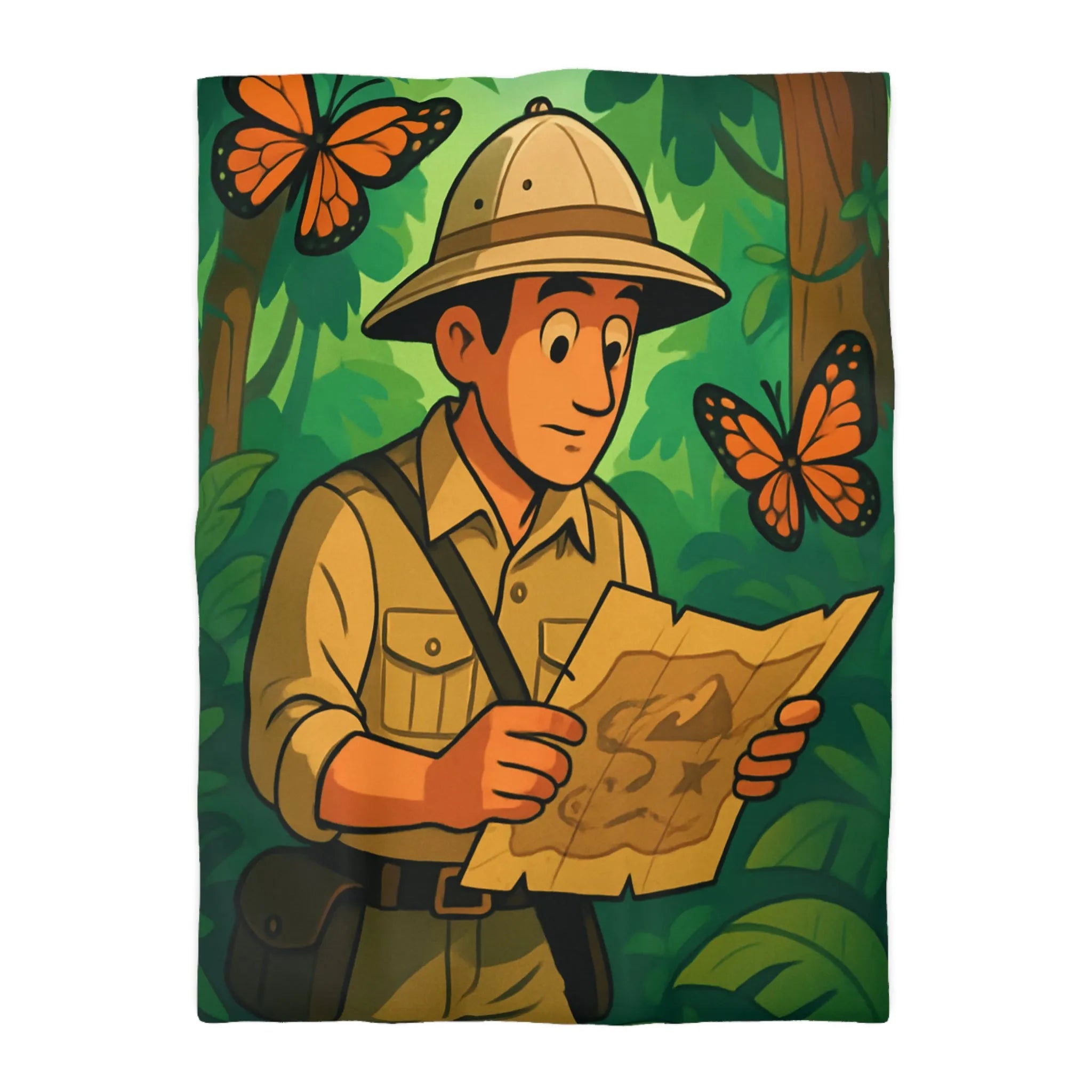 Housse de couette avec explorateur dans la jungle et papillons exotiques colorés
