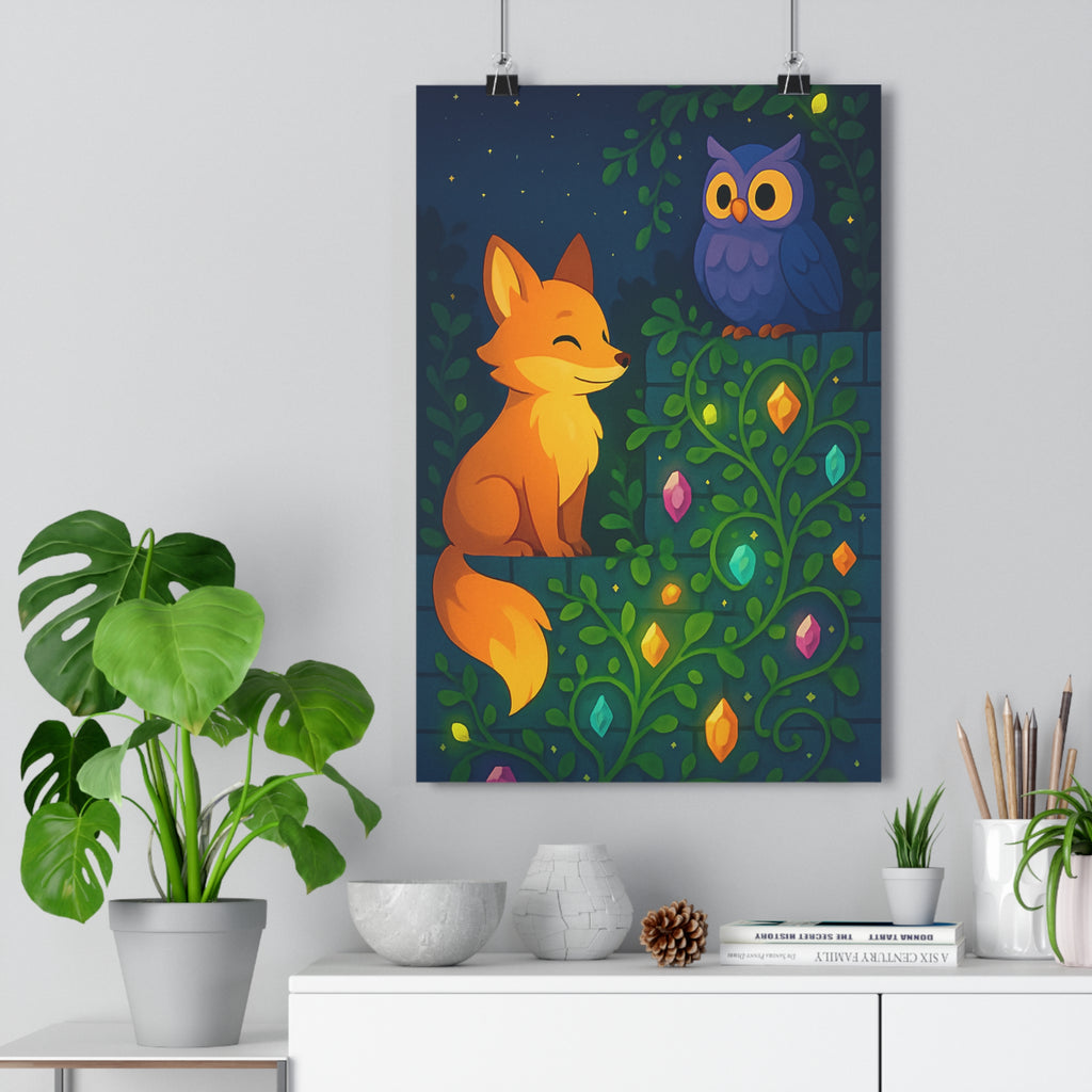 Poster décoratif féérique renard hibou orange violet enfant chambre magique coloré apaisant 30x46 cm
