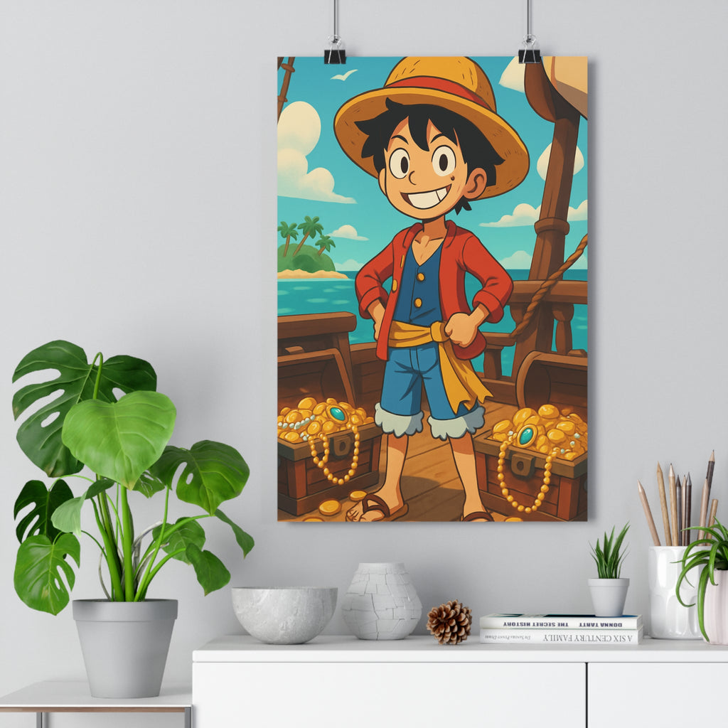 Poster décoratif pirate cartoon vibrant joyeux aventure enfant chambre bleu rouge jaune bateau île