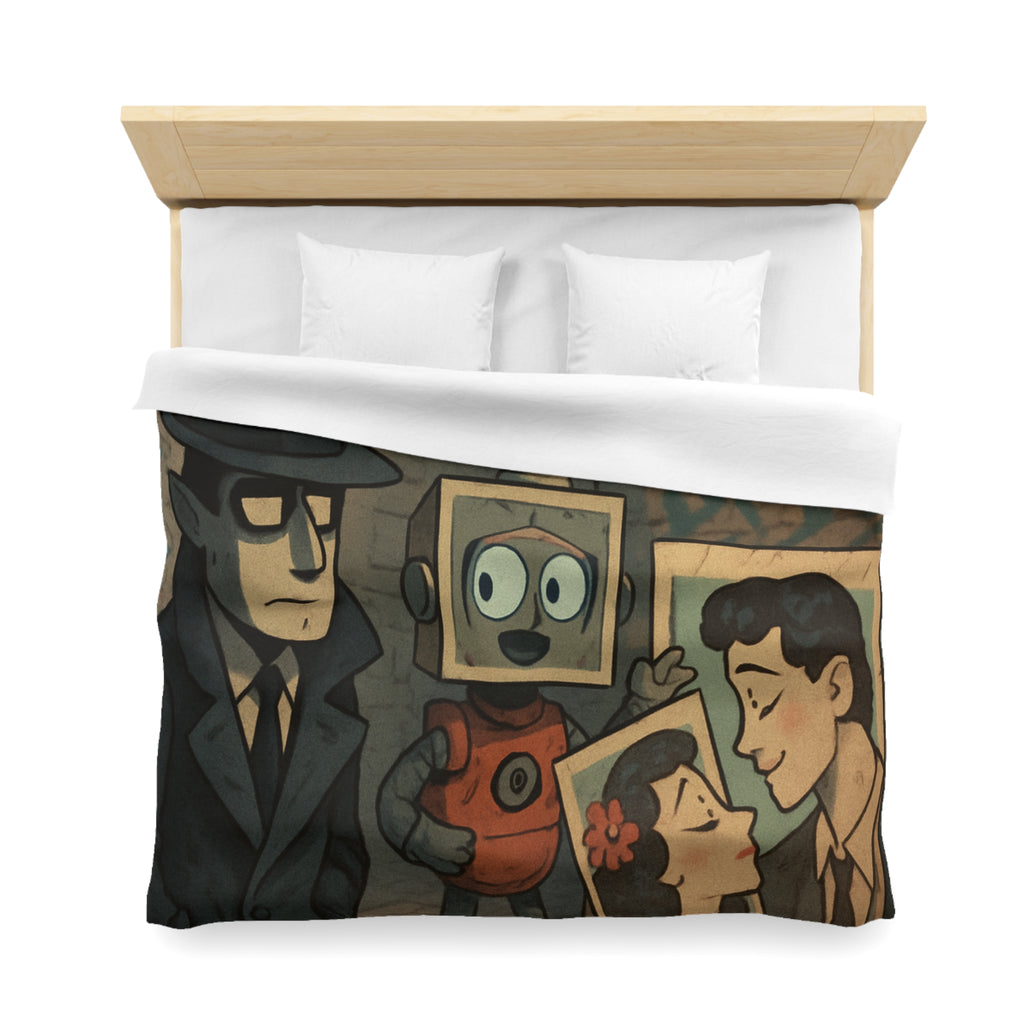 Housse de couette rétro robot vintage, style pop art, ambiance urbaine et romantique