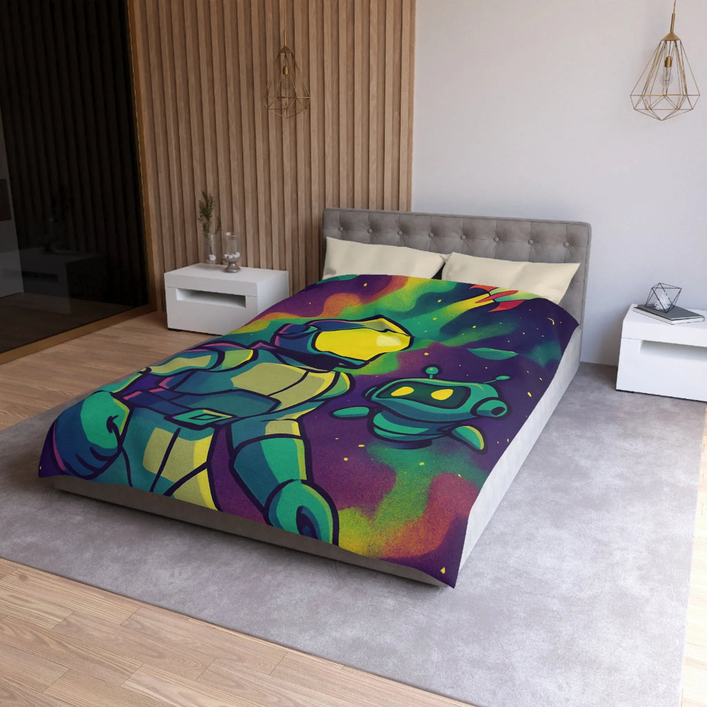 Housse de couette enfant espace avec cosmonaute et robot mignon en couleurs vives