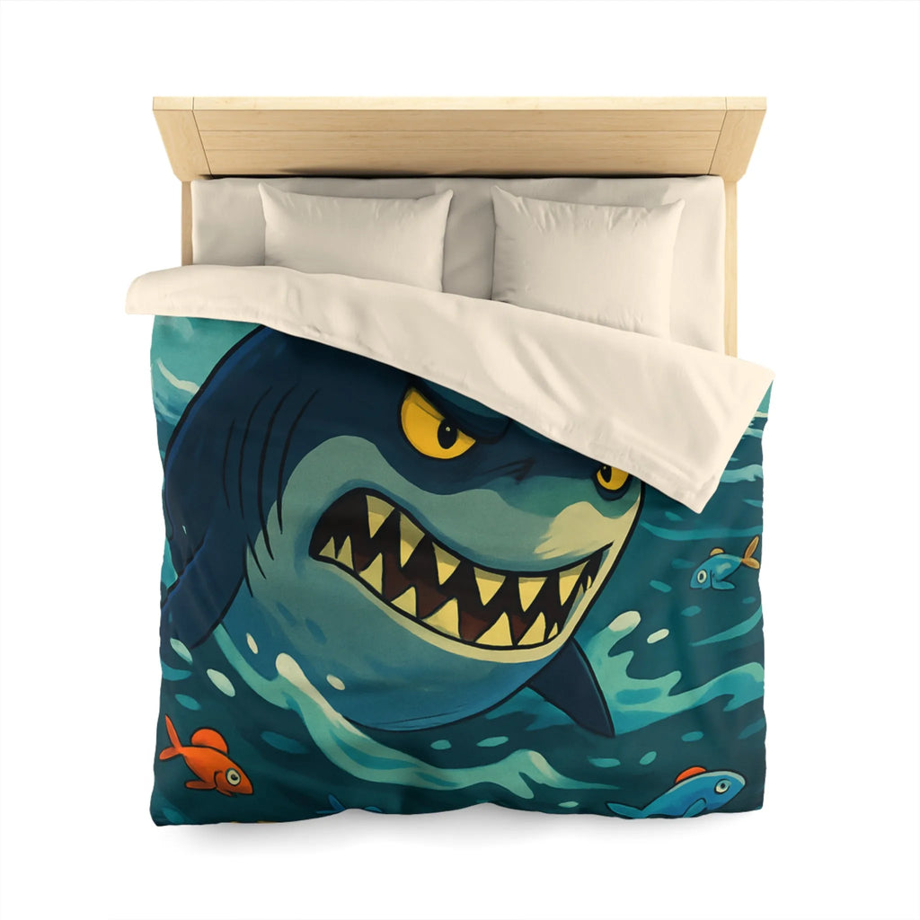 Housse de couette avec requin cartoon effrayant et poissons colorés en mer orageuse