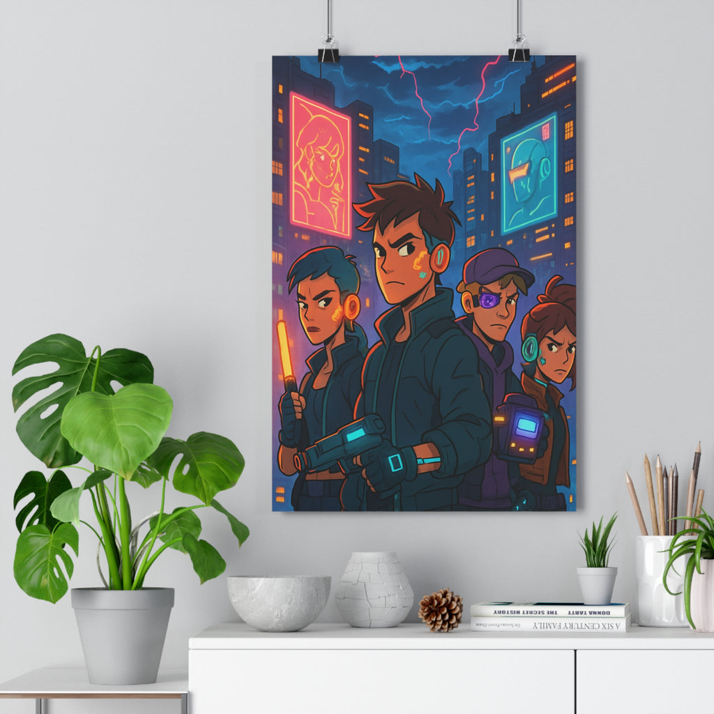 Poster décoratif futuriste cyberpunk néons colorés salon bureau moderne hightech vibrant artistique unique personnages