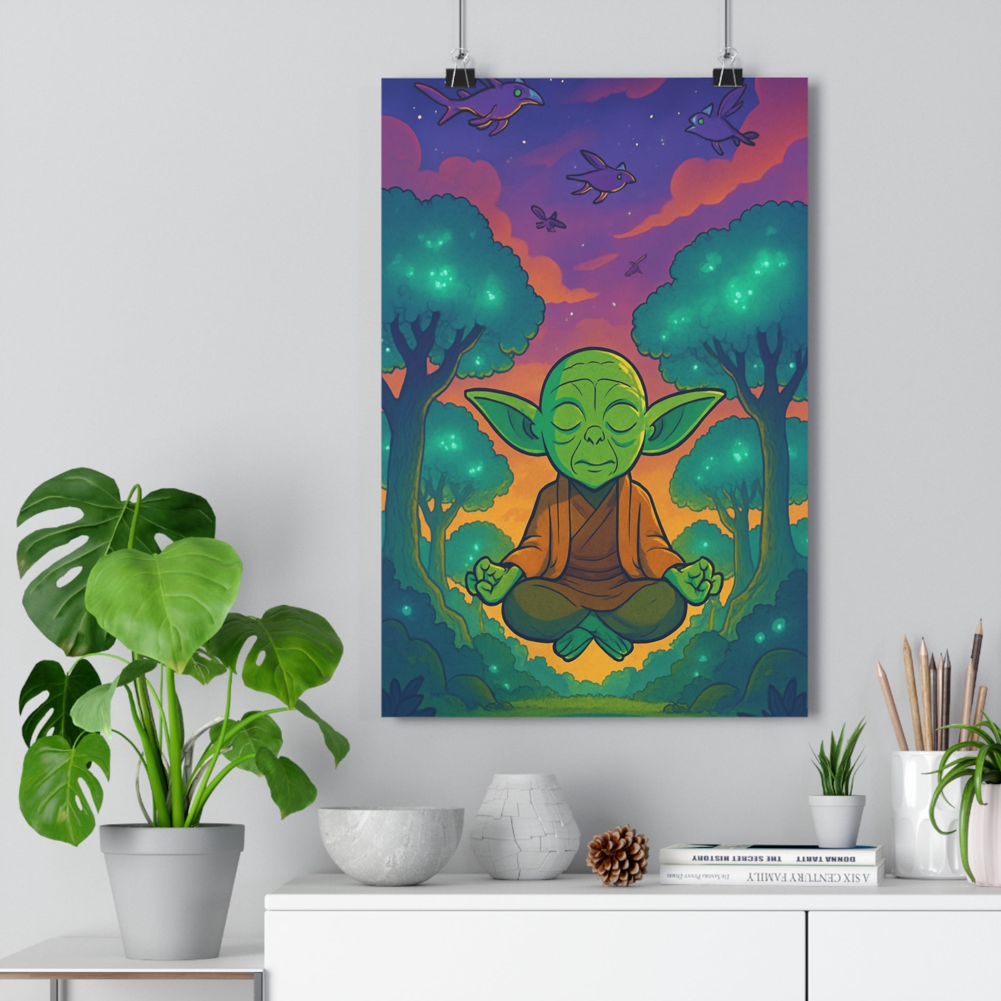 Poster décoratif art cartoon zen vert violet bleu forêt méditation bureau détente harmonieux 30x46