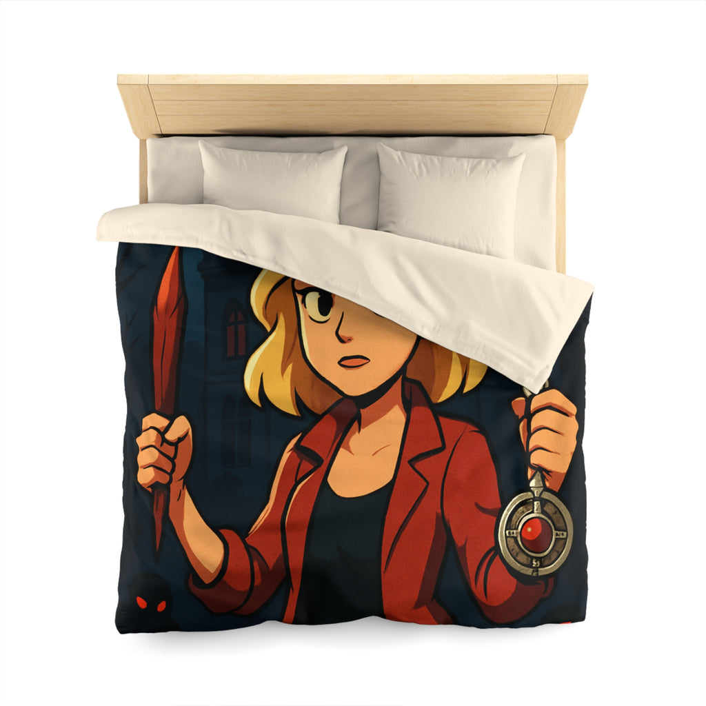 Housse de couette mystérieuse avec scène de château effrayant, pleine lune et silhouette combattive