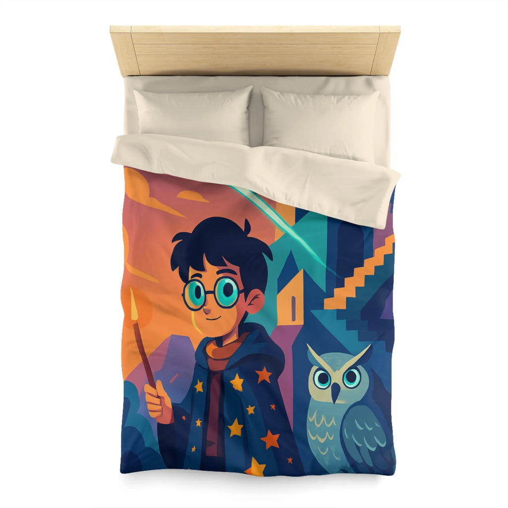 Housse de couette magique avec motif de garçon sorcier et hibou lumineux