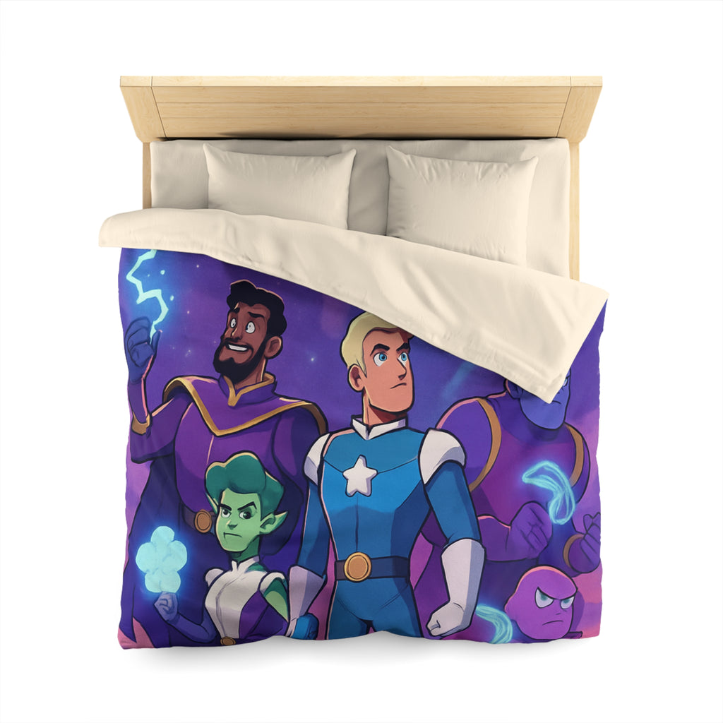 Housse de couette spatiale avec héroïques personnages animés sous vaisseau intergalactique étoilé