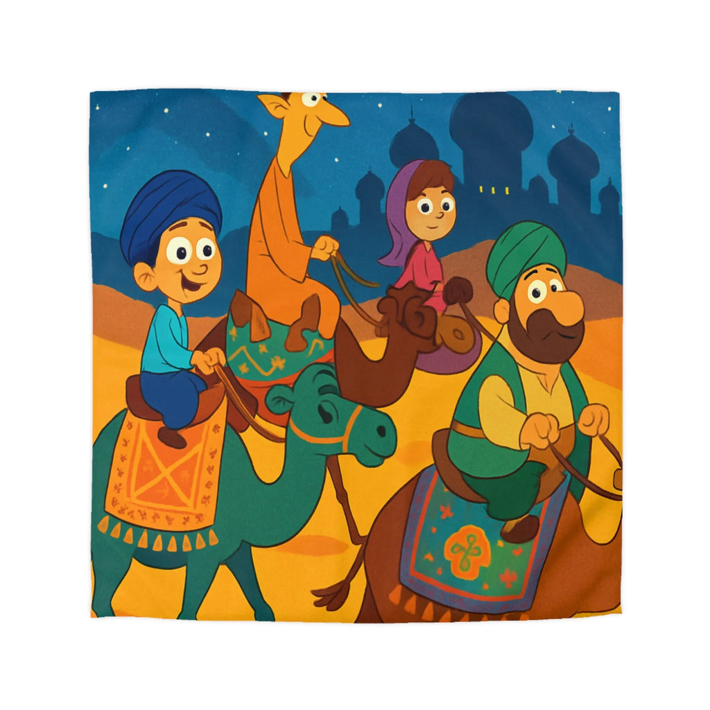 Housse de couette illustrée des enfants et chameaux sous un ciel étoilé magique