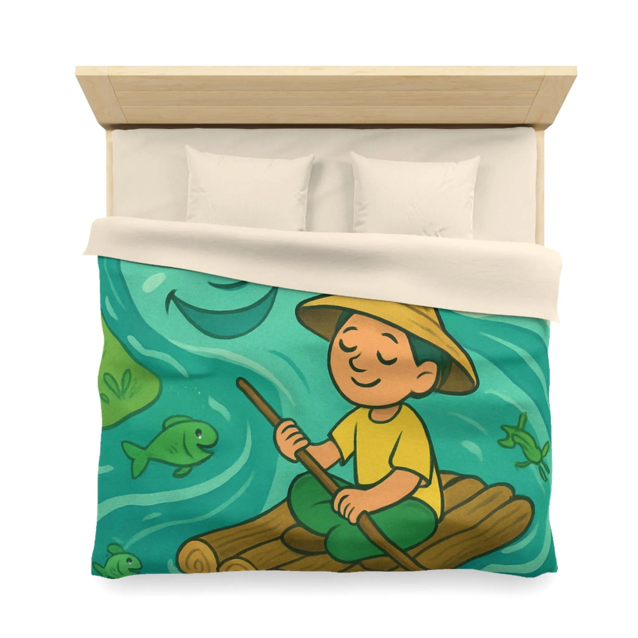 Housse de Couette Enfant avec Illustration Rêveuse de Rivière et Pêcheur Heureux