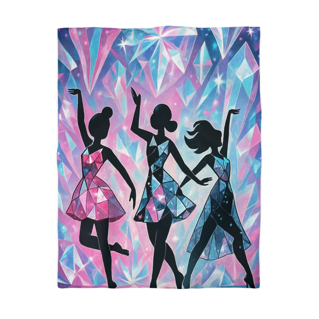 Élégantes silhouettes de danseuses avec motifs géométriques sur fond cristallin scintillant