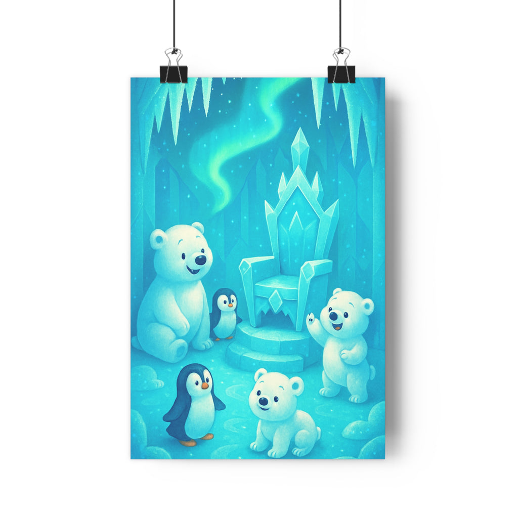Poster décoratif cartoon bleu blanc enfant chambre douceur magie oursons pingouins glace féerique ambiance