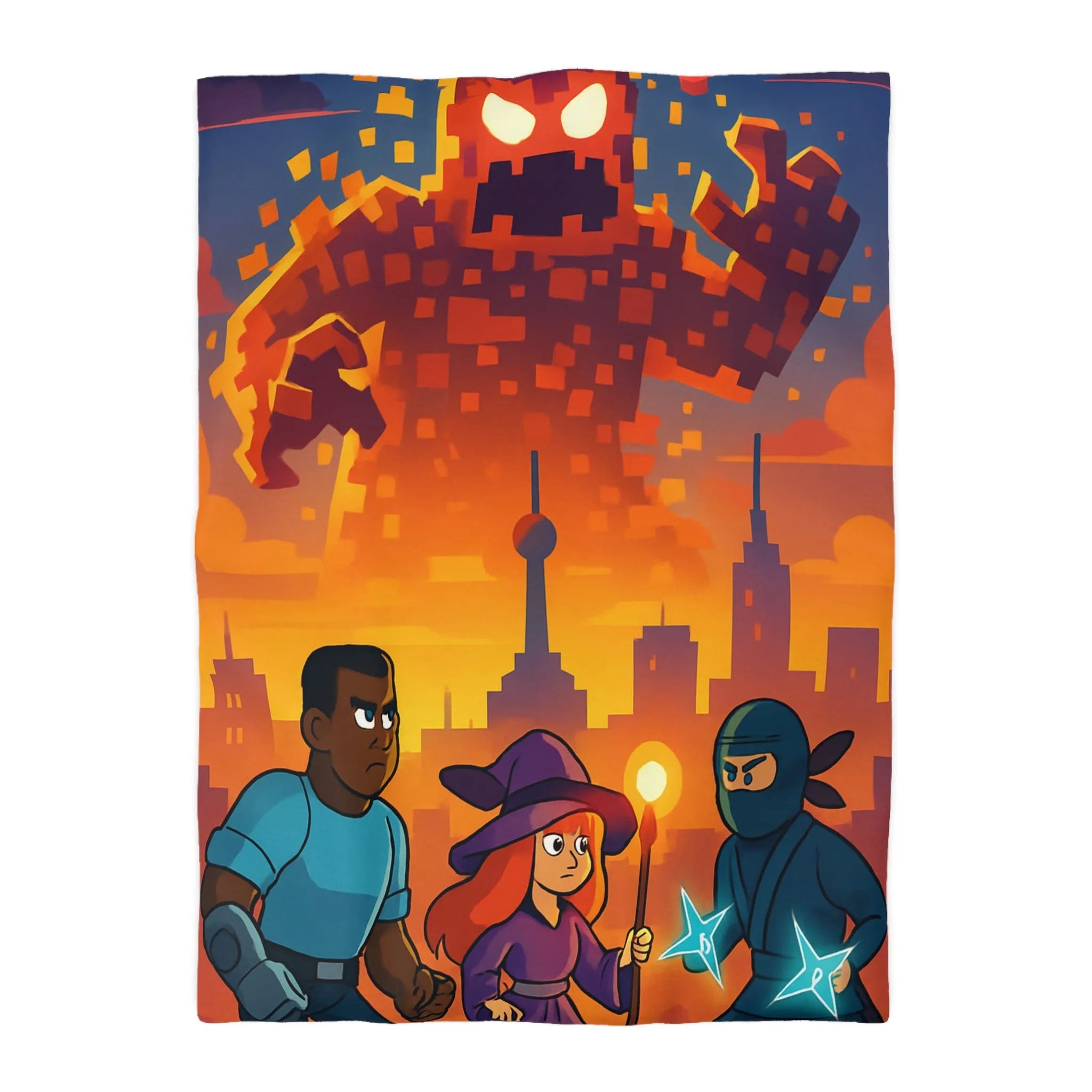 Housse de Couette Fantaisie : Héros Urbains Face à un Colosse Pixelisé Orange