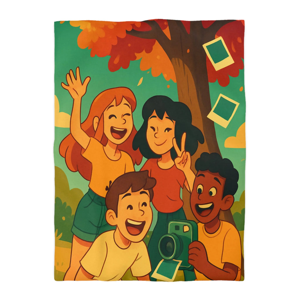 Housse de Couette Enfants Arborant Motif Nature et Joie Automnale Avec Polaroids