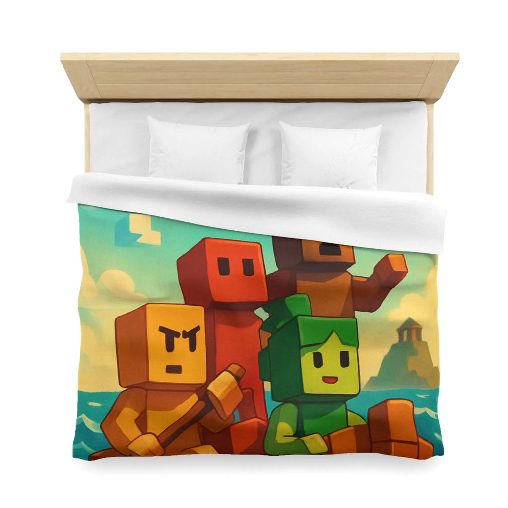 Housse de couette colorée avec personnages pixelisés sur un bateau en mer agité