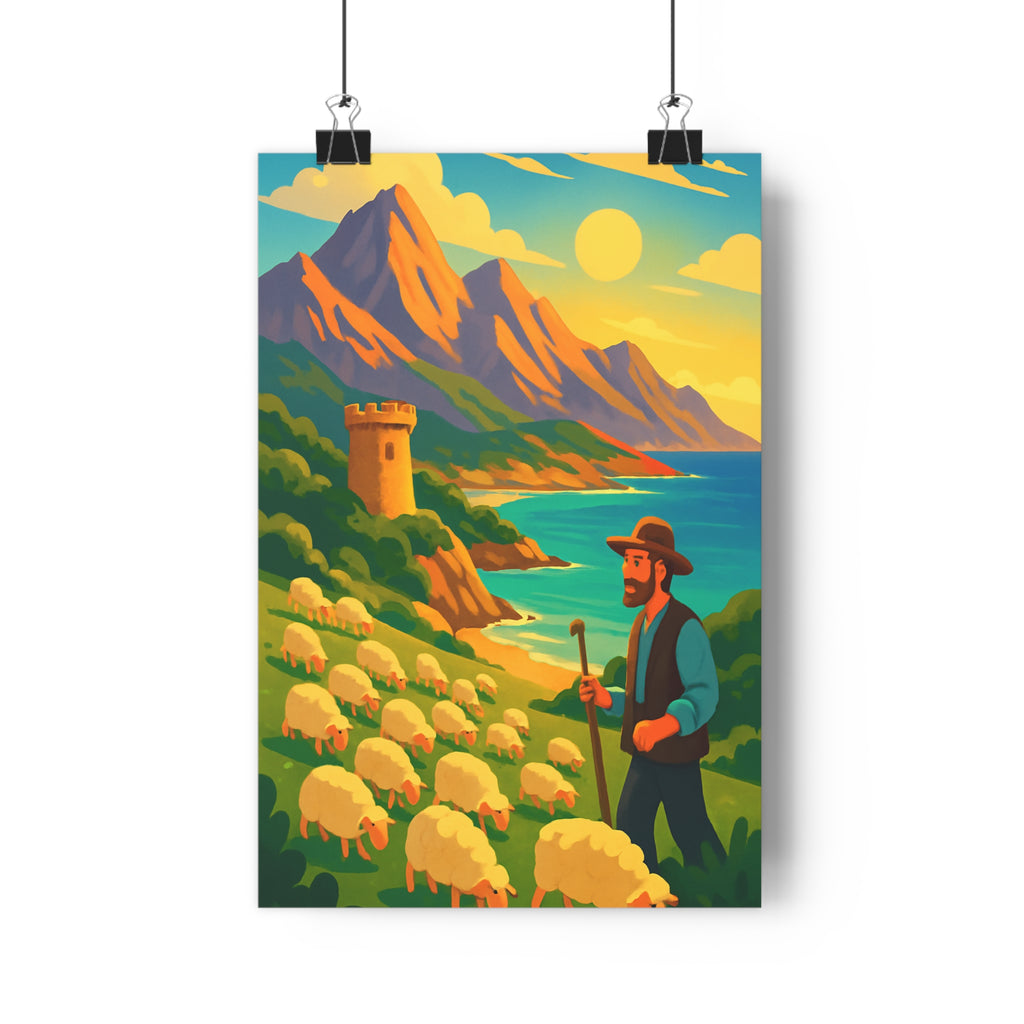 Poster décoratif cartoon corse berger moutons montagnes mer bleu lumineux paisible salon chambre bureau