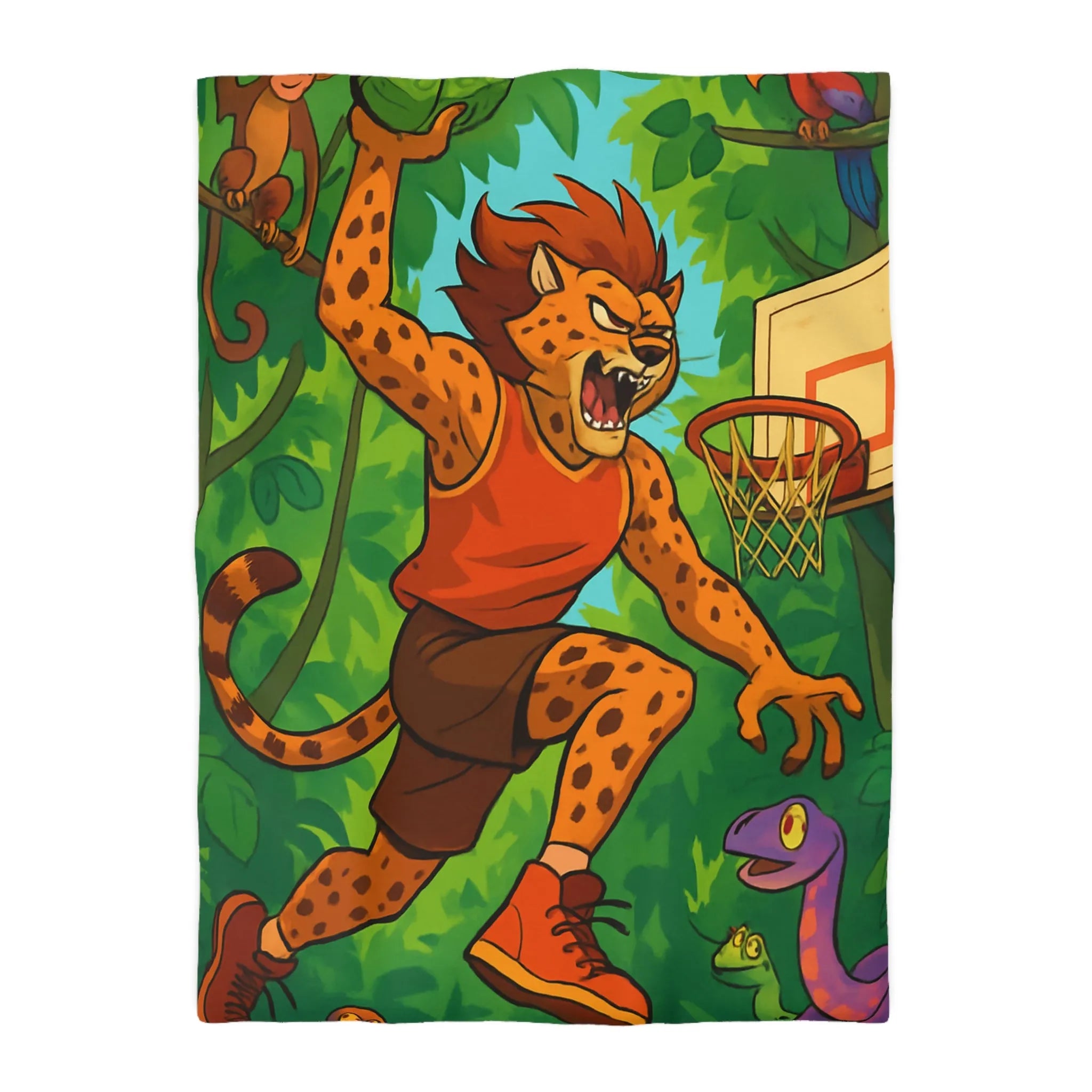 Housse de couette jungle dynamique avec lionceaux jouant au basket dans la forêt