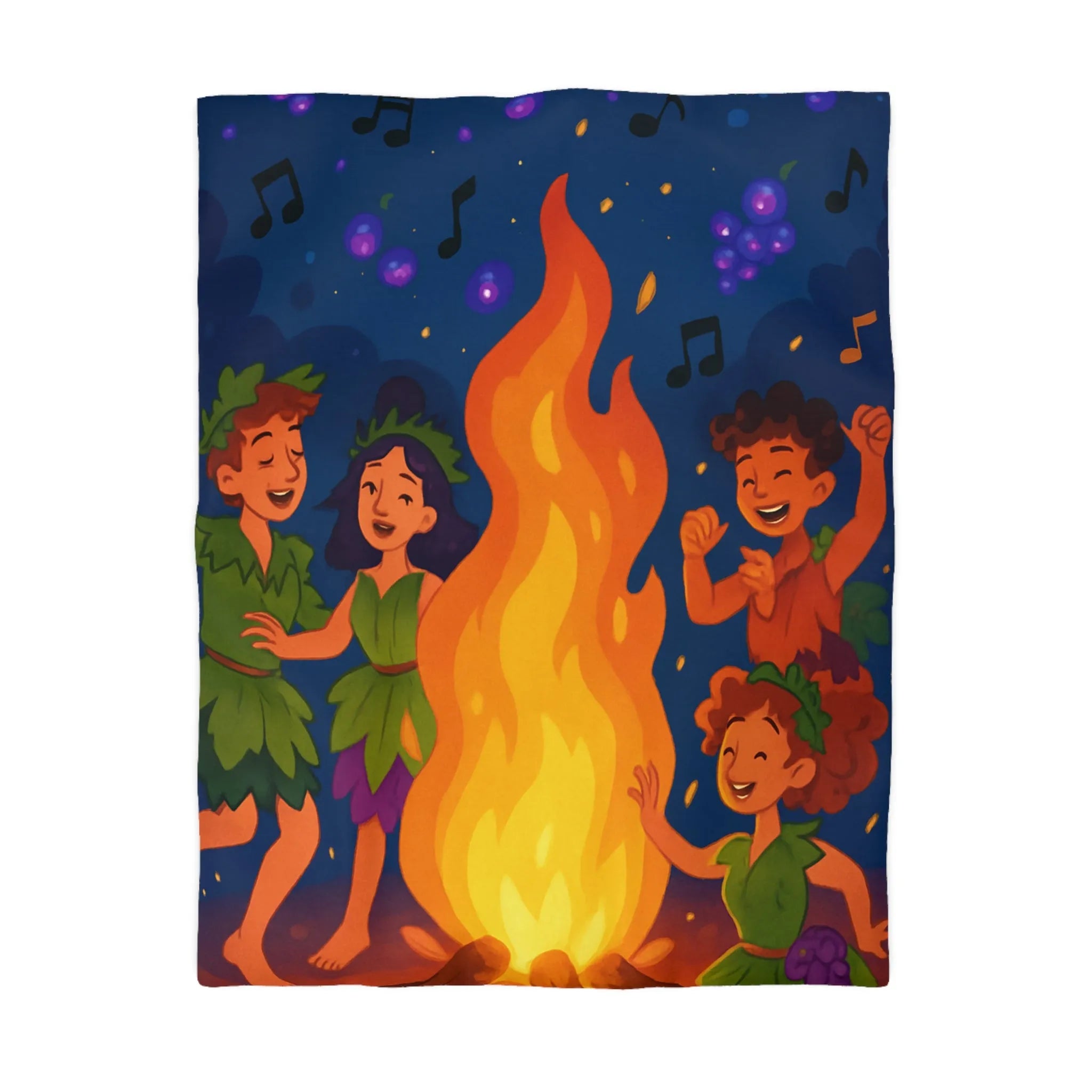 Housse de couette joyeuse autour d'un feu de camp avec enfants et raisins dansants