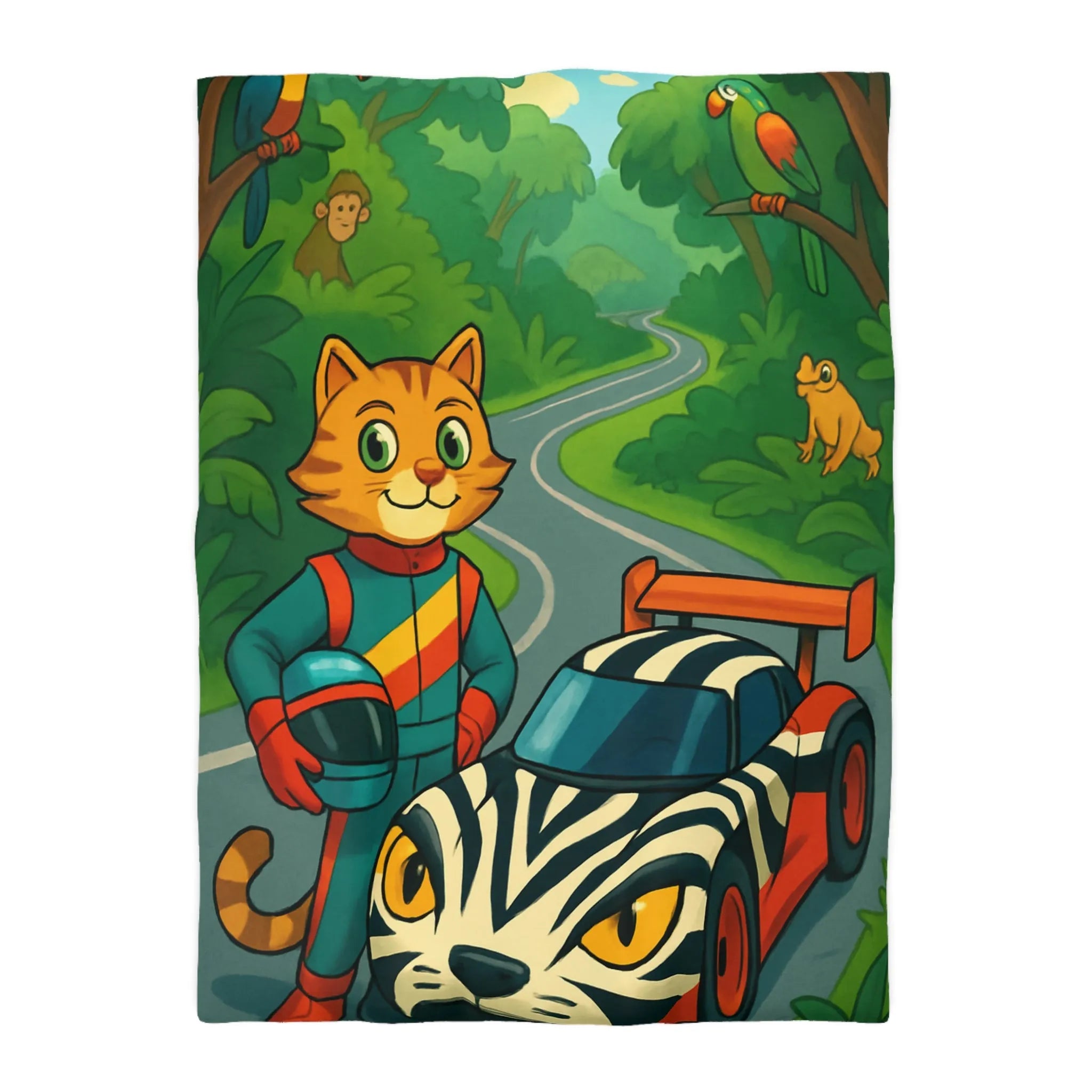 Housse de couette illustrée avec pilote chat, voiture zébrée et jungle luxuriante
