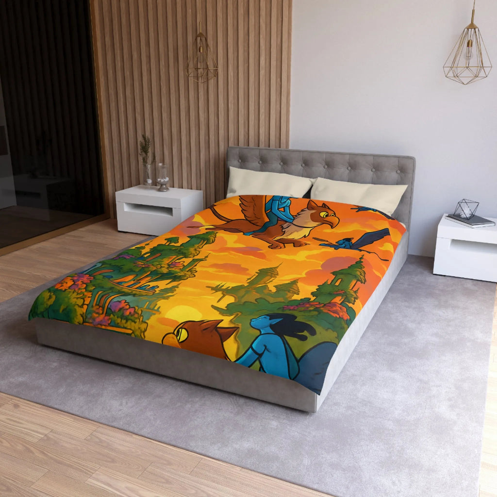 Housse de couette magique avec créatures volantes et paysage fantastique au coucher du soleil