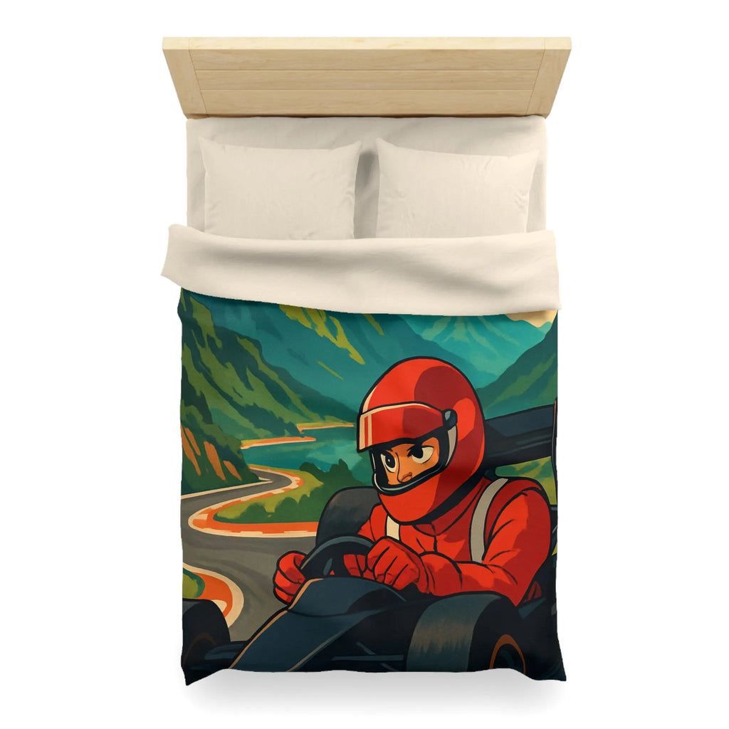 Housse de couette inspirée par une course en montagne avec conducteur en combinaison rouge