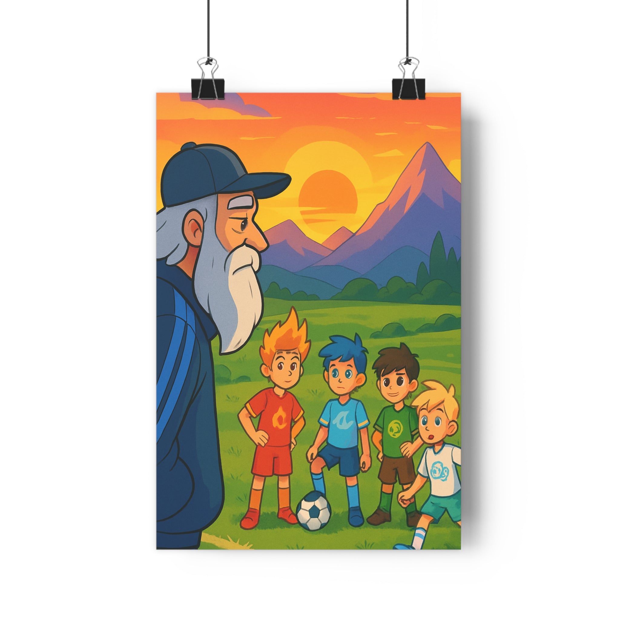 Poster décoratif football fantasy cartoon coloré enfant joyeux chambre vibrant montagne paysage sport dynamique