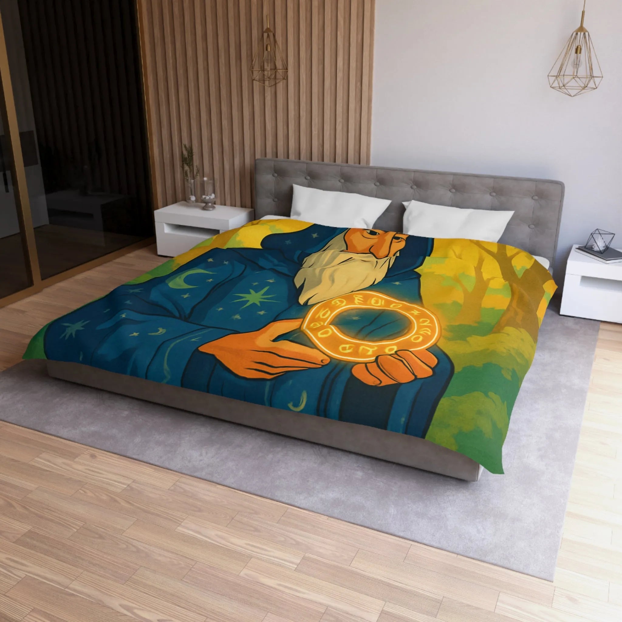 Housse de couette enchantée avec mage en forêt et cercle lumineux mystérieux