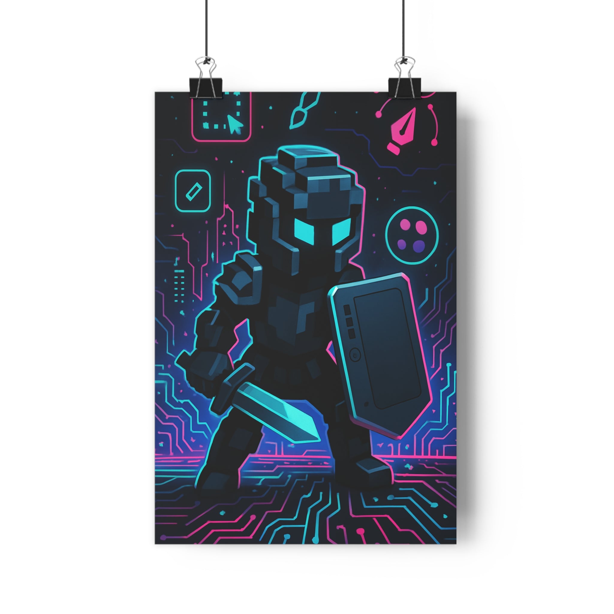 Poster décoratif guerrier pixelisé néon bleu rose cyber moderne chambre bureau geek 30x46 cm