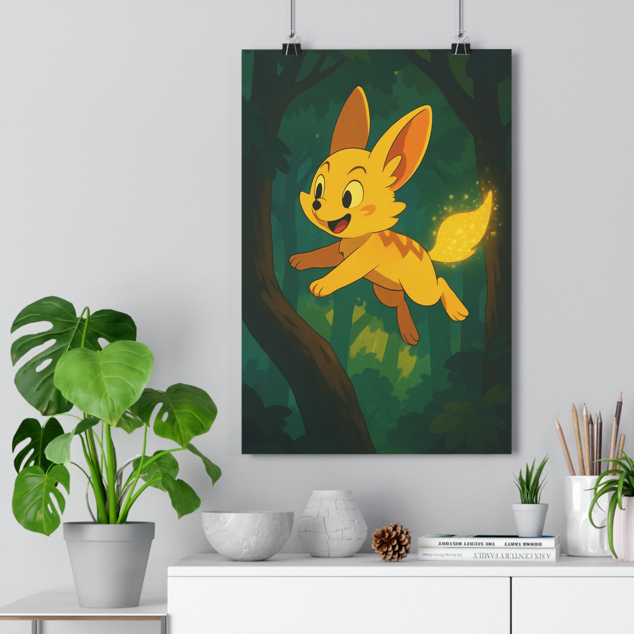 Poster décoratif lumineux jaune vert forêt joyeux aventure cartoon enfant salon bureau cadre nature