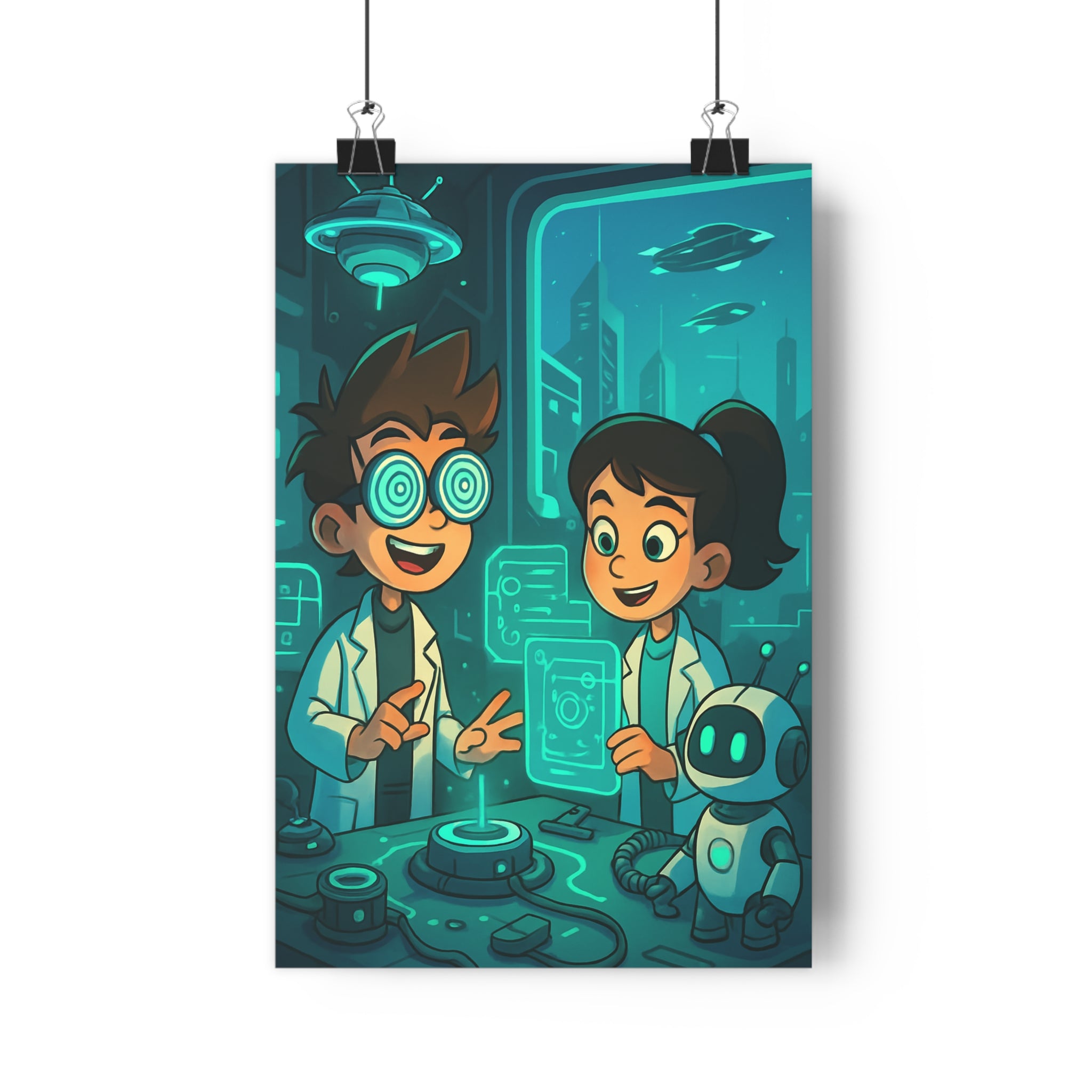 Poster décoratif futuriste bleu vert dynamique enfants chambre bureau moderne scientifique robot gadgets ambiance