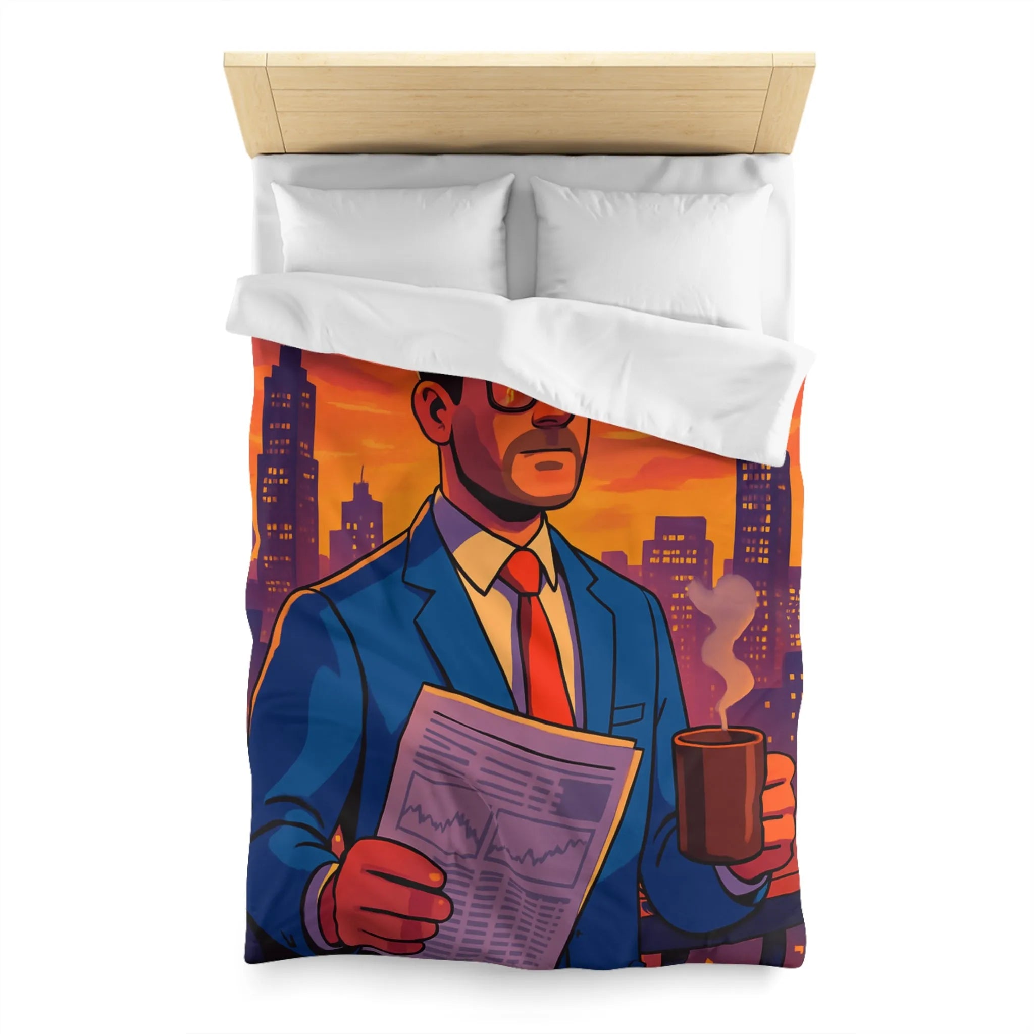 Housse de couette élégante avec silhouette urbaine et homme au coucher de soleil