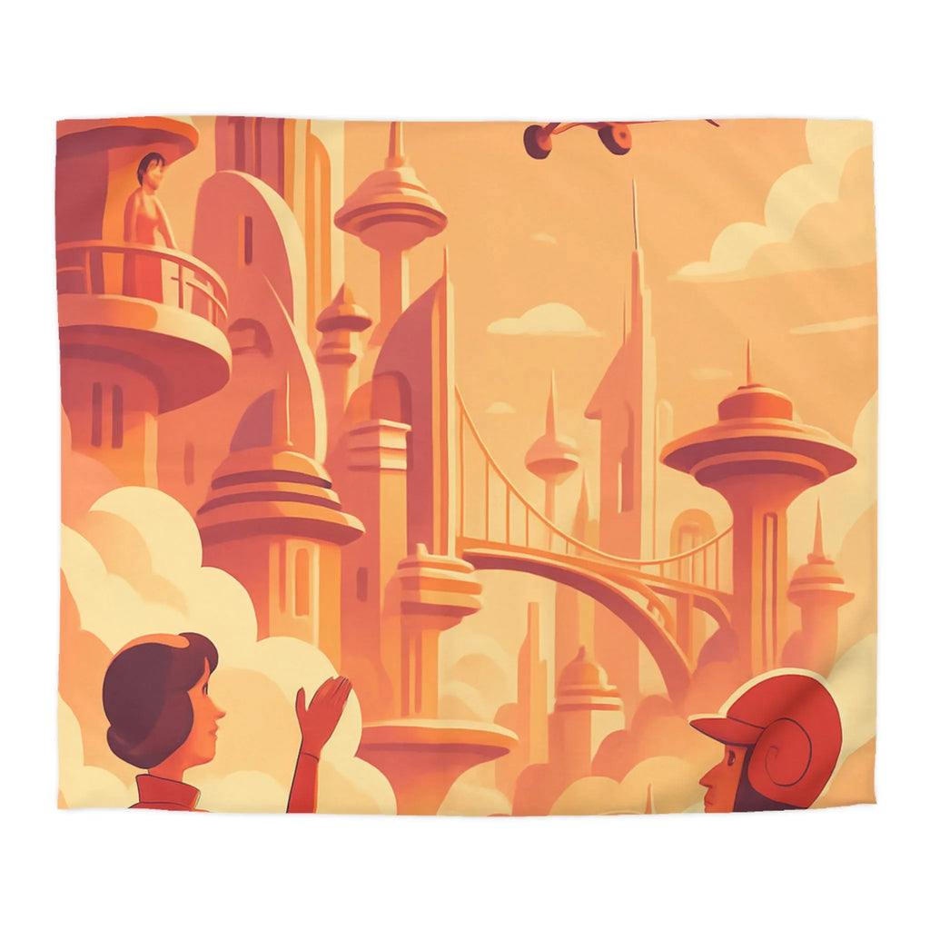 Housse de Couette Art Déco Futuriste avec Avion dans Ciel Orange et Ville Flottante