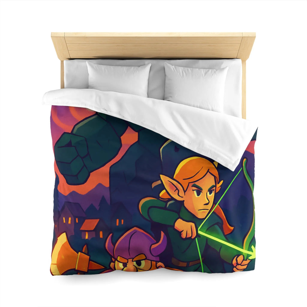 Housse de Couette Fantastique avec Guerrier, Archer et Golem sous Aurores Boréales Éclatantes