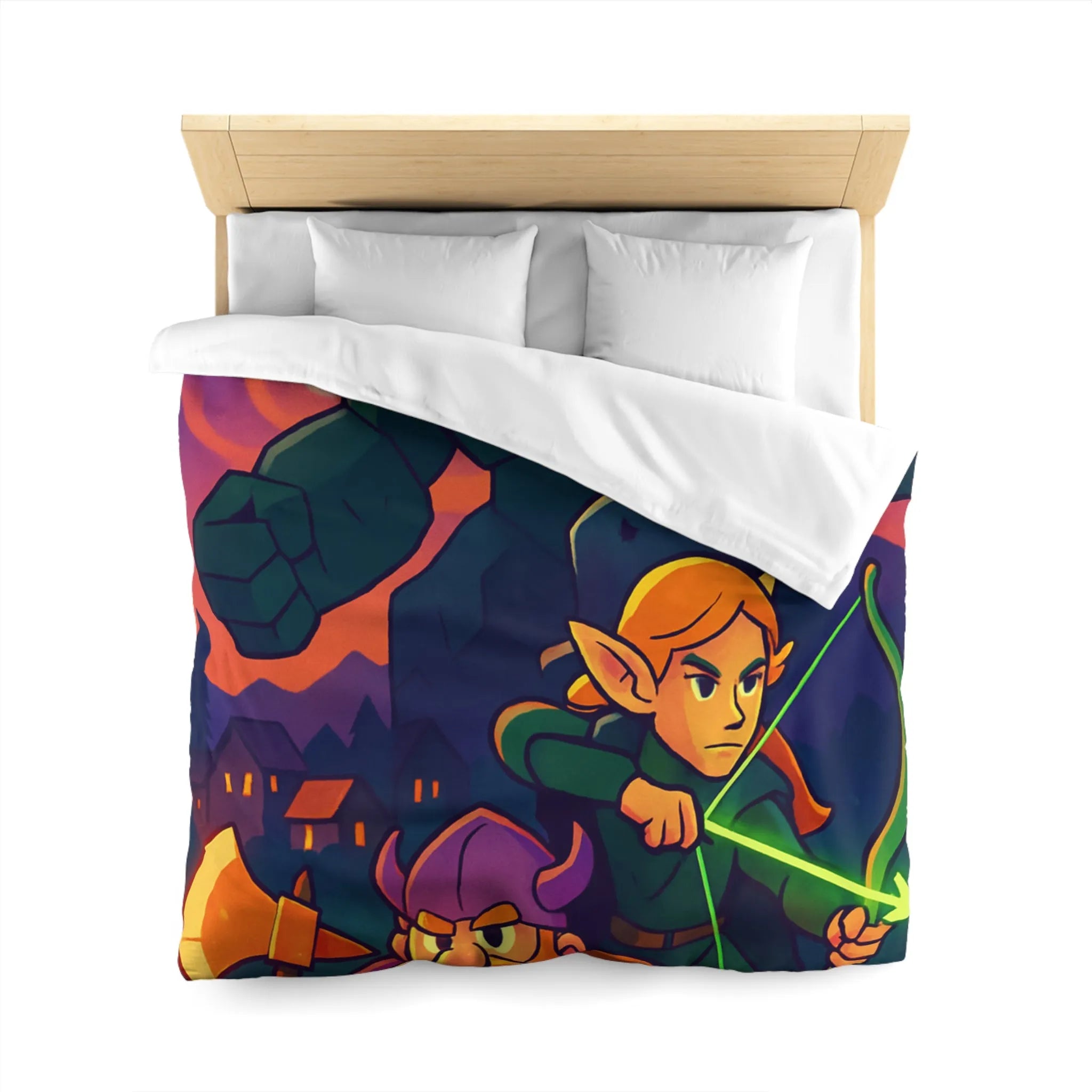 Housse de Couette Fantastique avec Guerrier, Archer et Golem sous Aurores Boréales Éclatantes