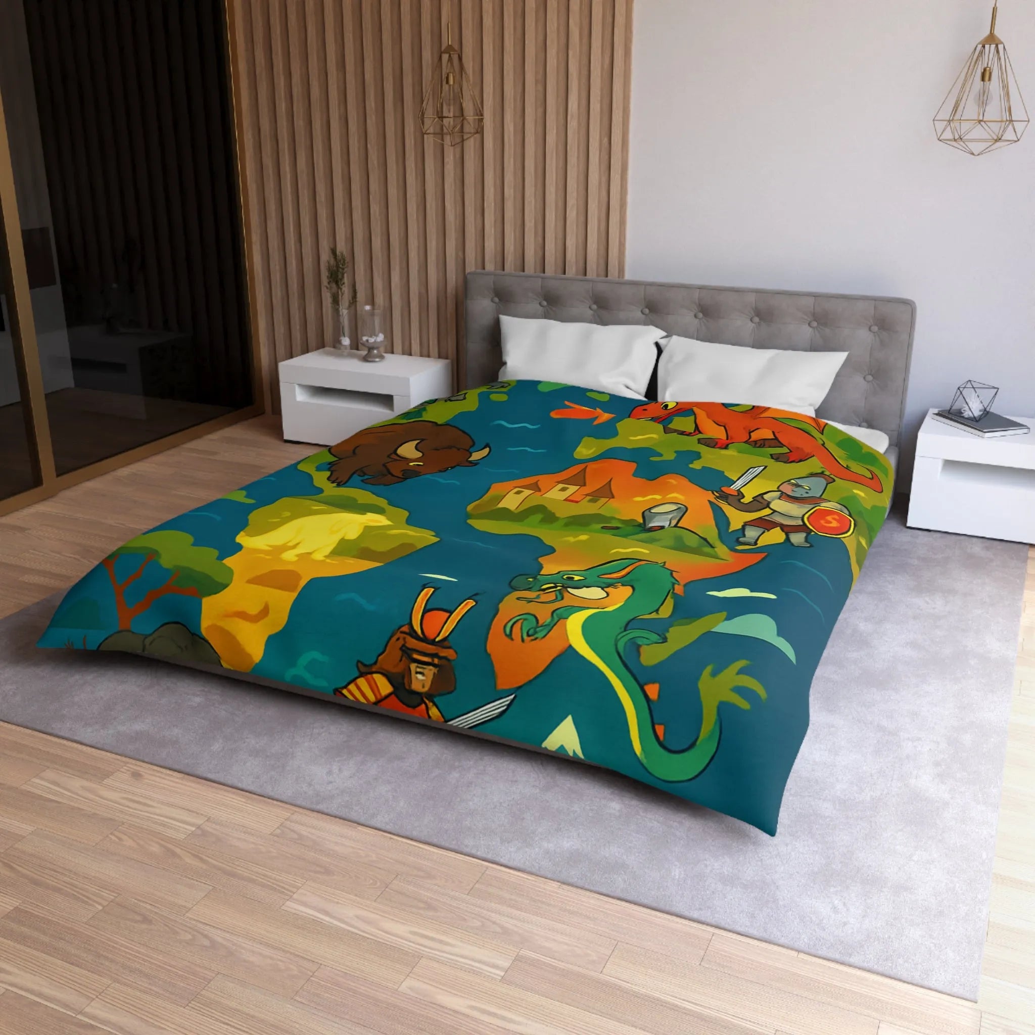 Housse de couette épique avec dragons, samouraïs et créatures légendaires au style coloré.