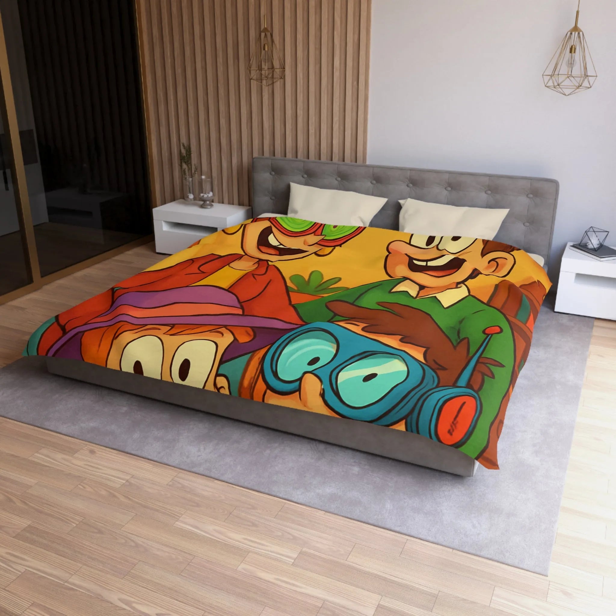 Housse de couette joyeuse avec une famille amusante et colorée, lunettes originales