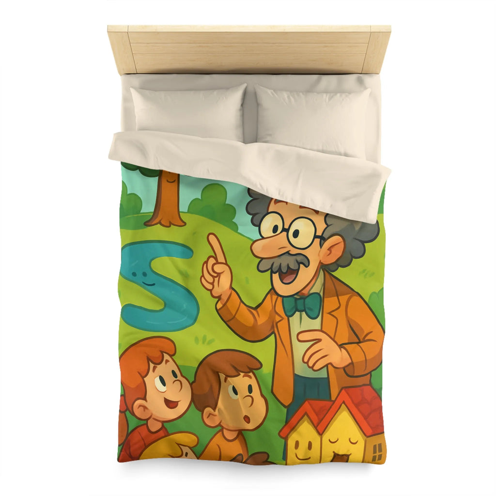 Housse de couette colorée avec un professeur et enfants dans un paysage enchanteur