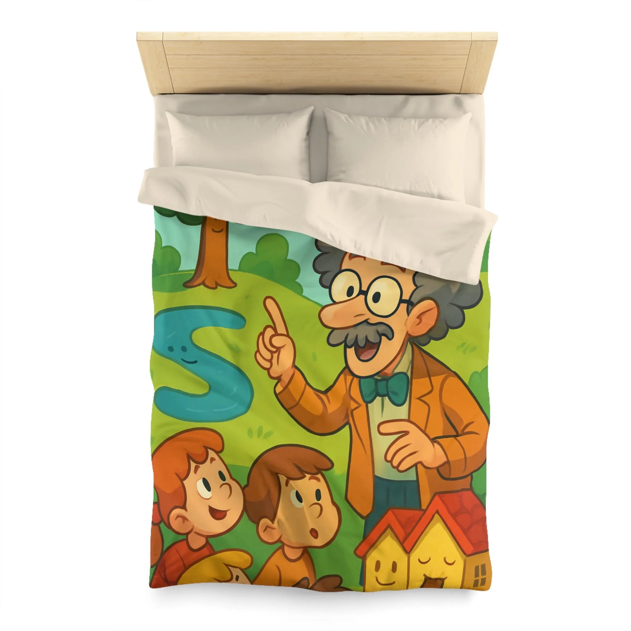 Housse de couette colorée avec un professeur et enfants dans un paysage enchanteur