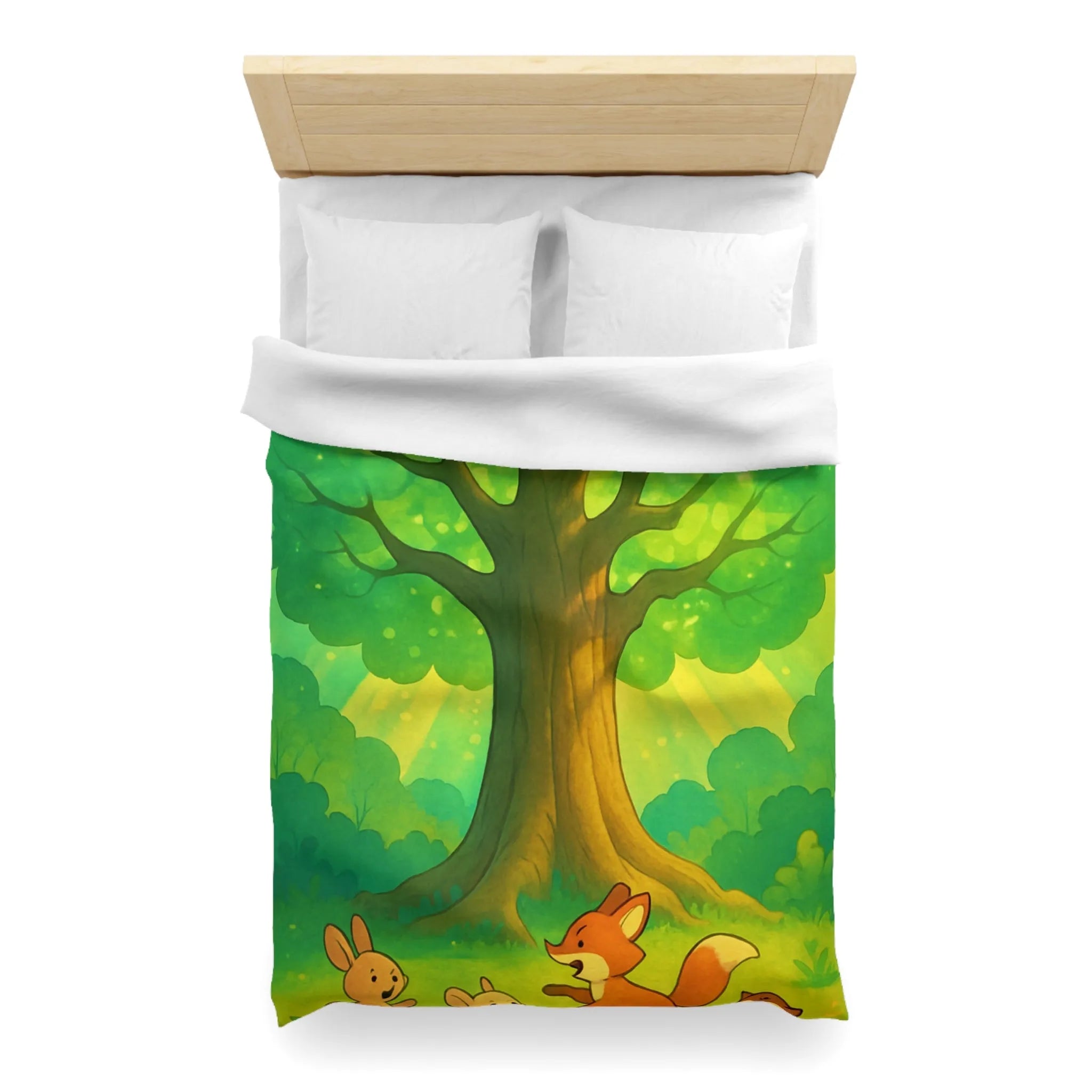 Charmante forêt enchantée avec animaux espiègles sous un majestueux arbre scintillant illustré