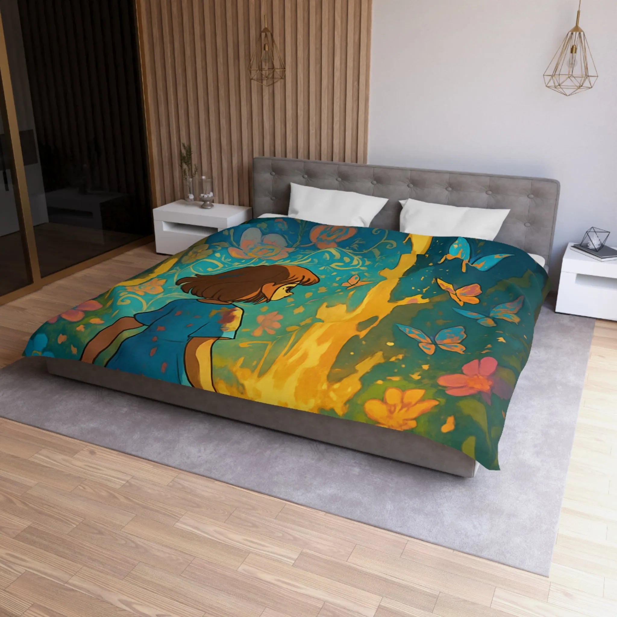 Housse de Couette Enfantine Féerique avec Papillons et Fleurs, Tons Vifs et Lumineux