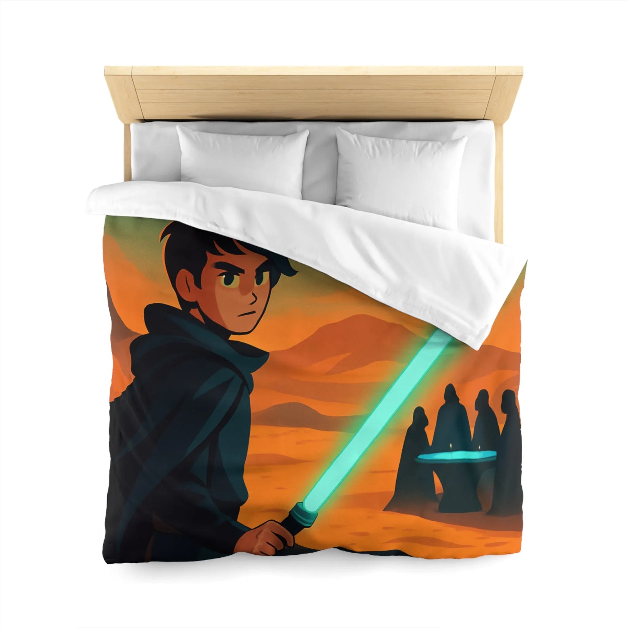 Épique scène de science-fiction avec héros sabre lumineux et vaisseau spatial en arrière-plan