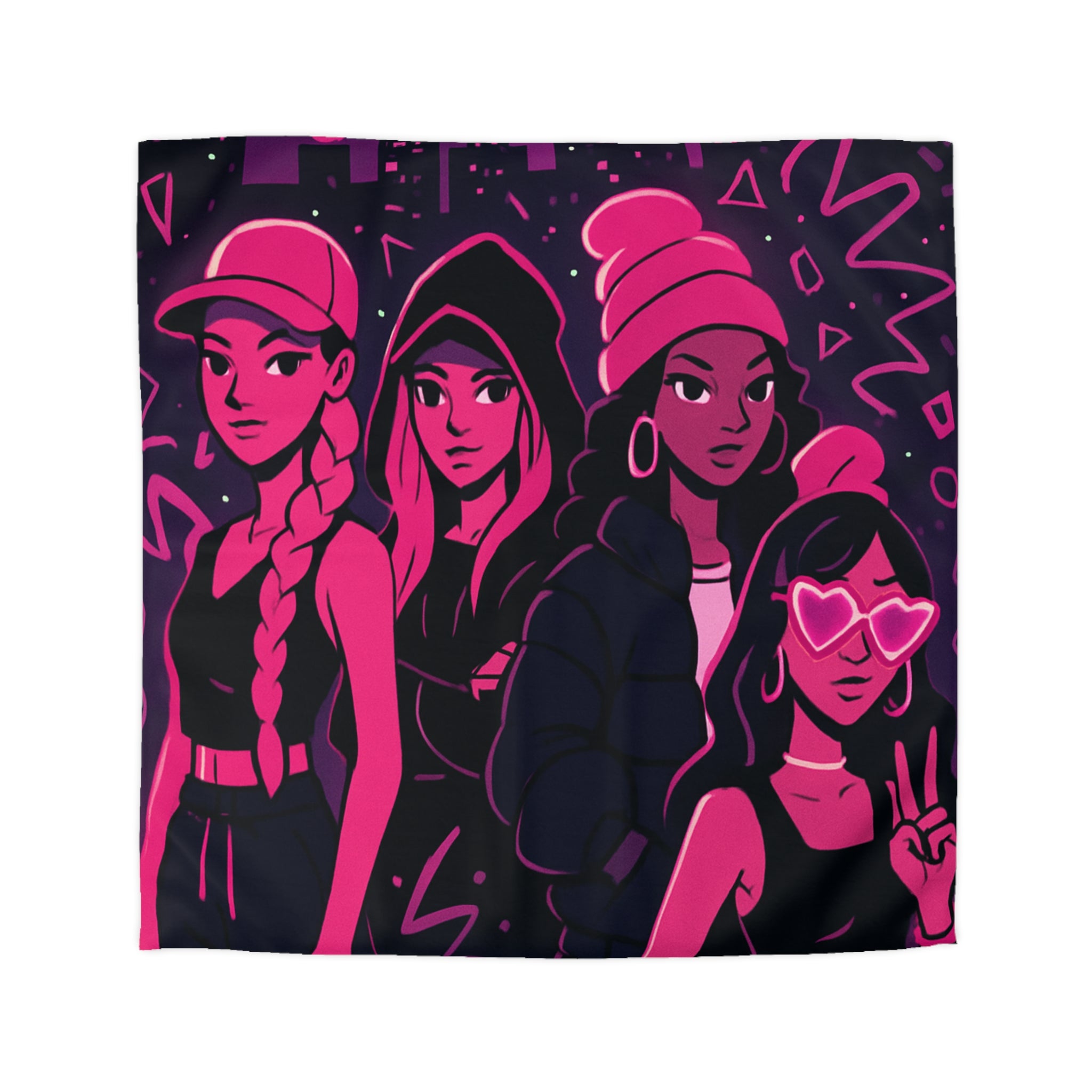 Housse de couette urbaine avec silhouettes féminines et motifs fluorescents nuit étoilée