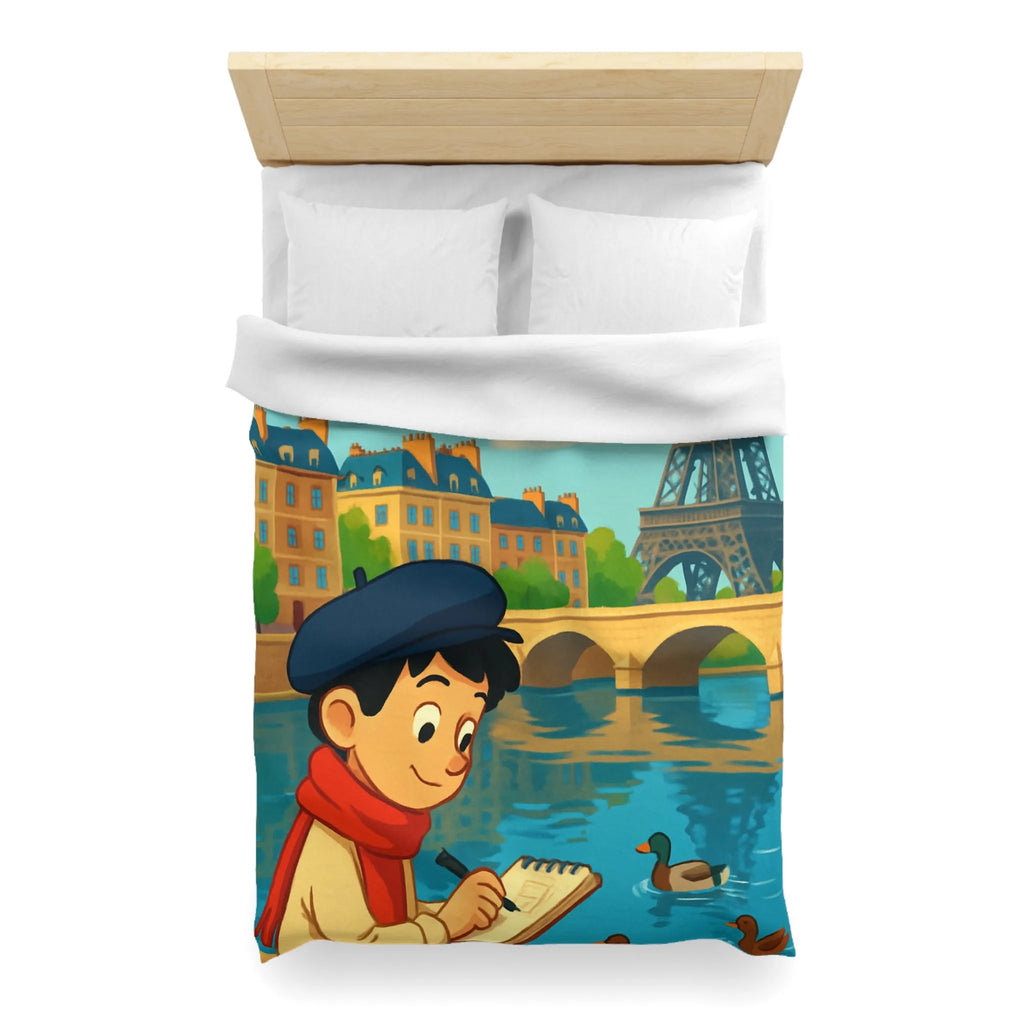Housse de Couette Artistique Parisienne avec Enfant et Tour Eiffel au Printemps