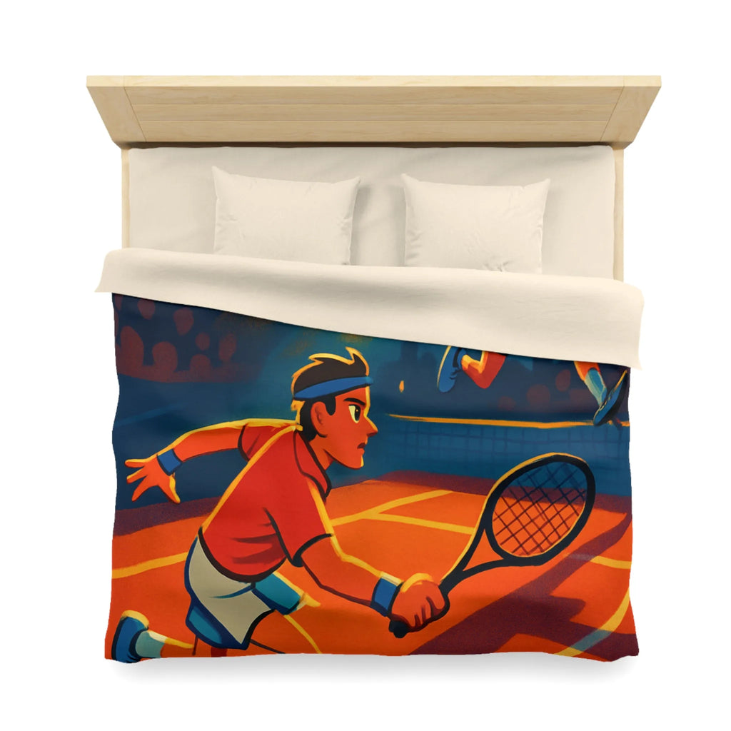 Housse de couette dynamique illustrant un match de tennis intense sous projecteurs éclatants
