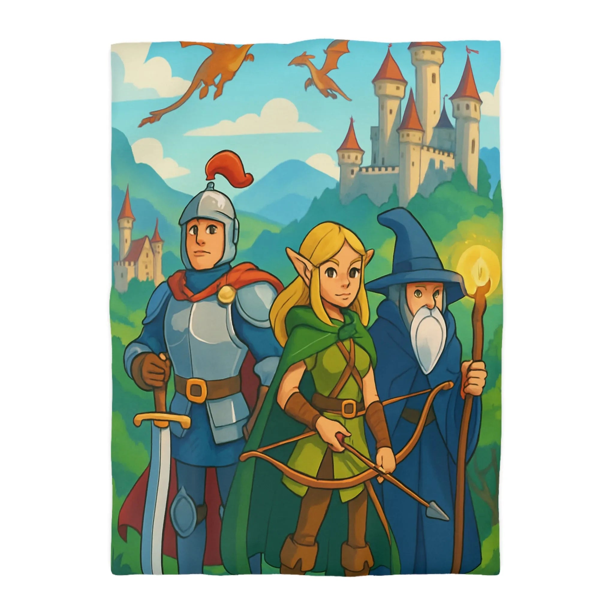 Housse de Couette Fantasy avec Chevalier, Archer Elf, Magicien, Château et Dragons