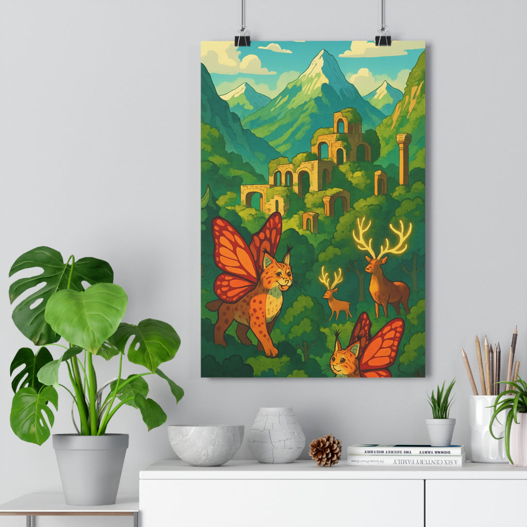 Poster décoratif cartoon bleu vert montagne forêt magique salon chambre ambiance fantastique enchantée majestueux