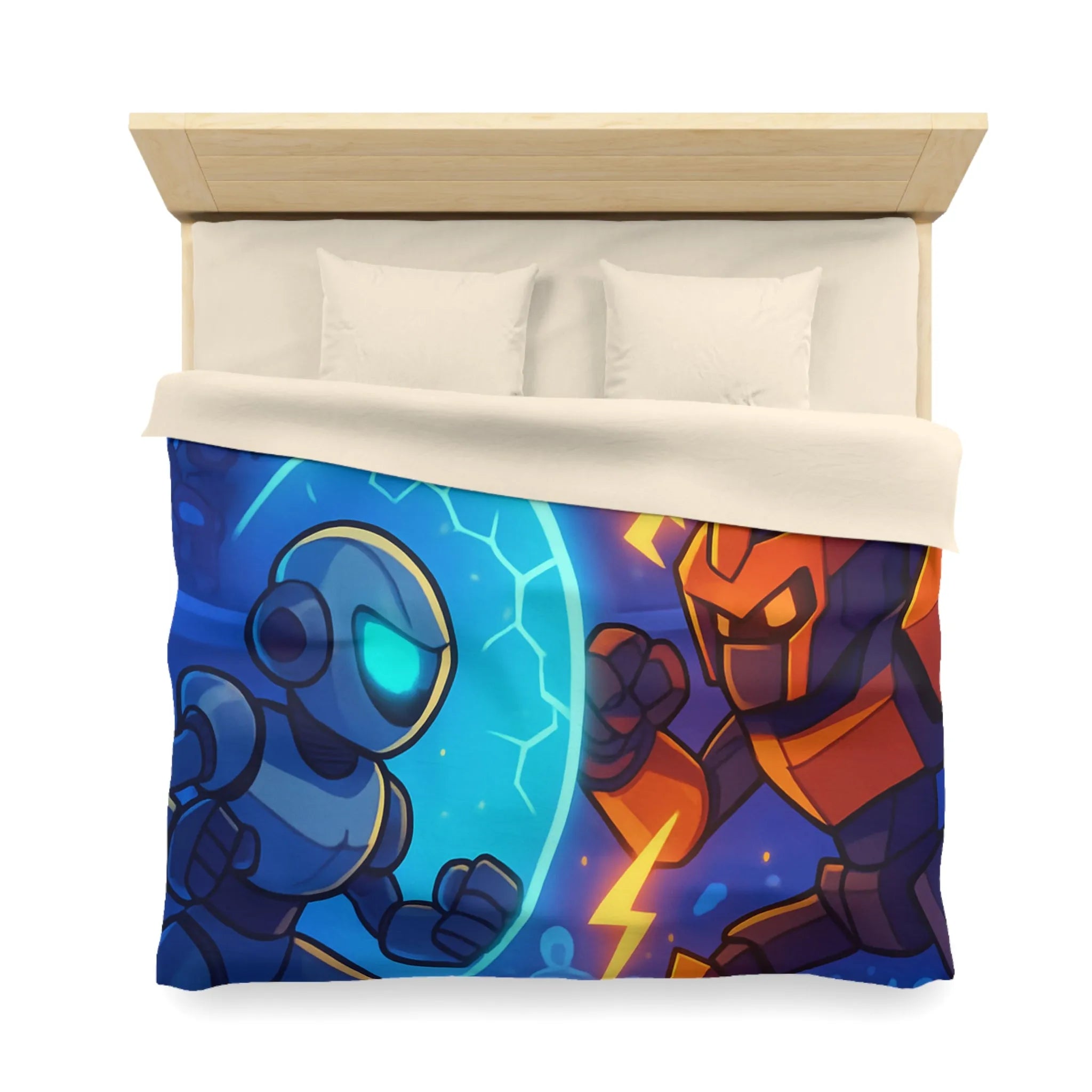 Housse de couette avec robots futuristes en duel, éclairs et énergie dans l'arène